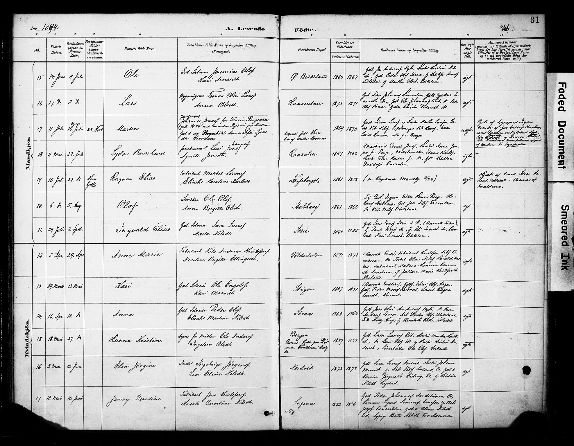 Fana Sokneprestembete, AV/SAB-A-75101/H/Haa/Haab/L0002: Parish register (official) no. B 2, 1890-1897, p. 31