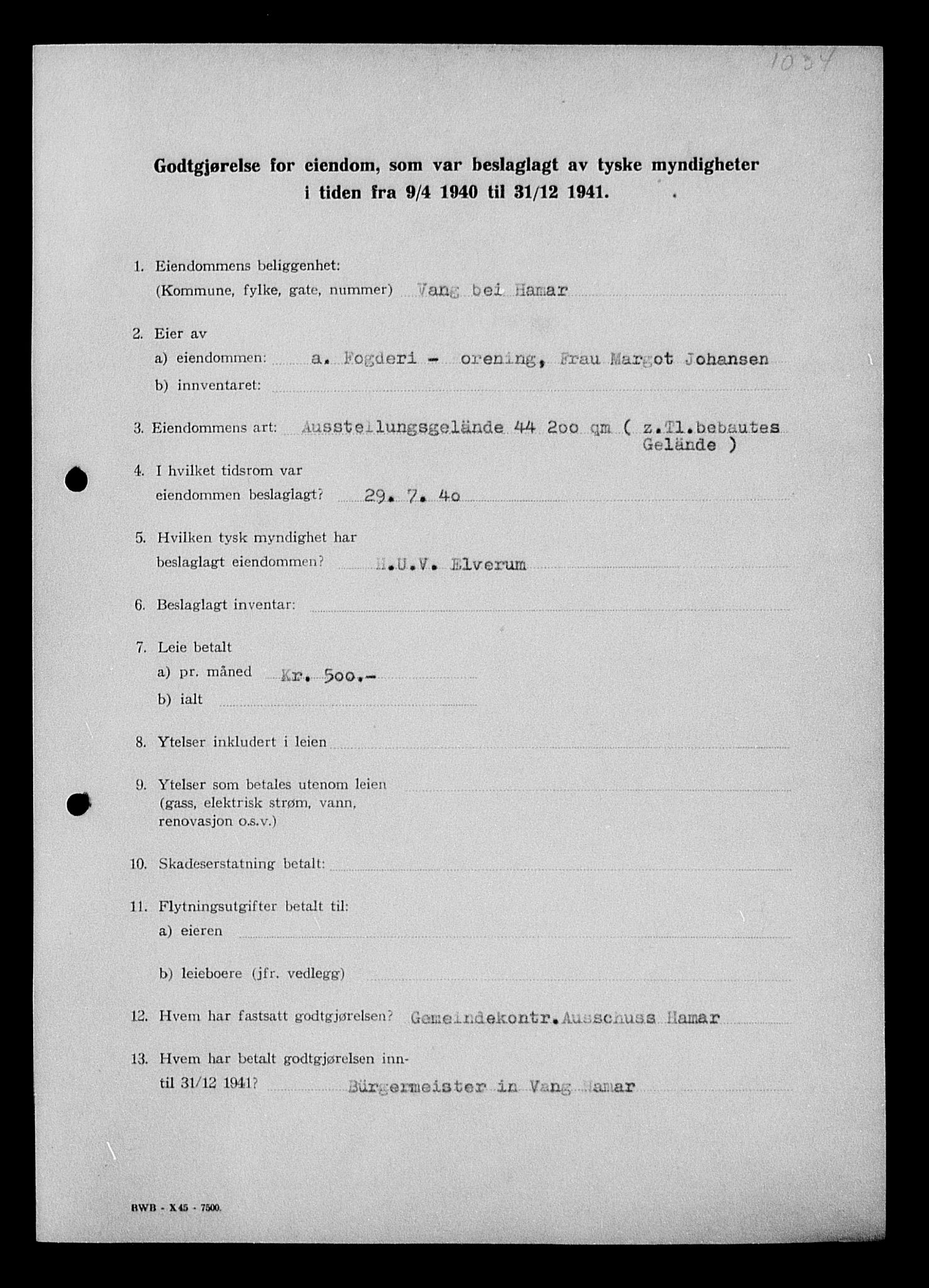 Justisdepartementet, Tilbakeføringskontoret for inndratte formuer, AV/RA-S-1564/I/L1012: Godtgjørelse for beslaglagt eiendom, 1940-1941, p. 114