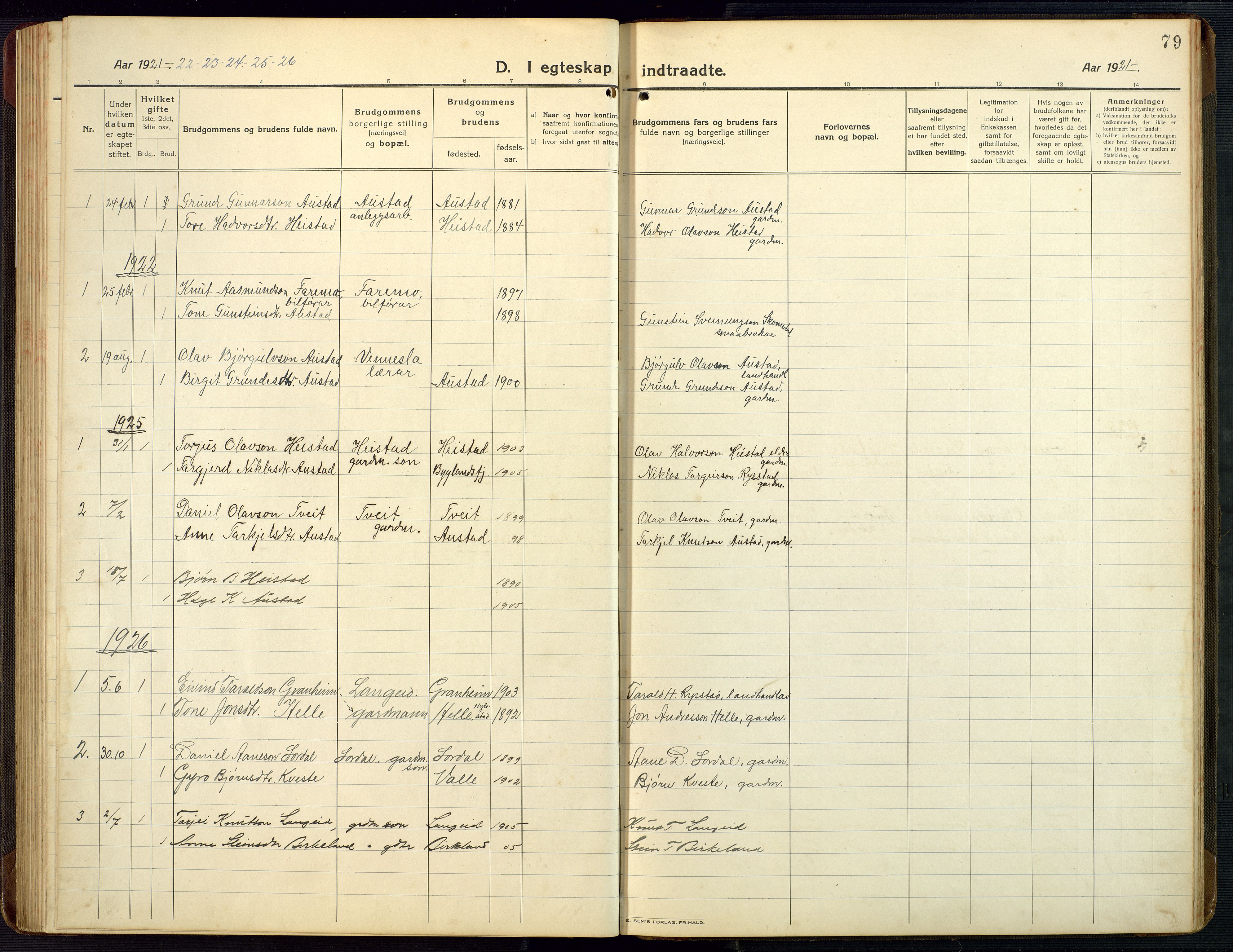 Bygland sokneprestkontor, SAK/1111-0006/F/Fb/Fba/L0003: Parish register (copy) no. B 3, 1920-1974, p. 79