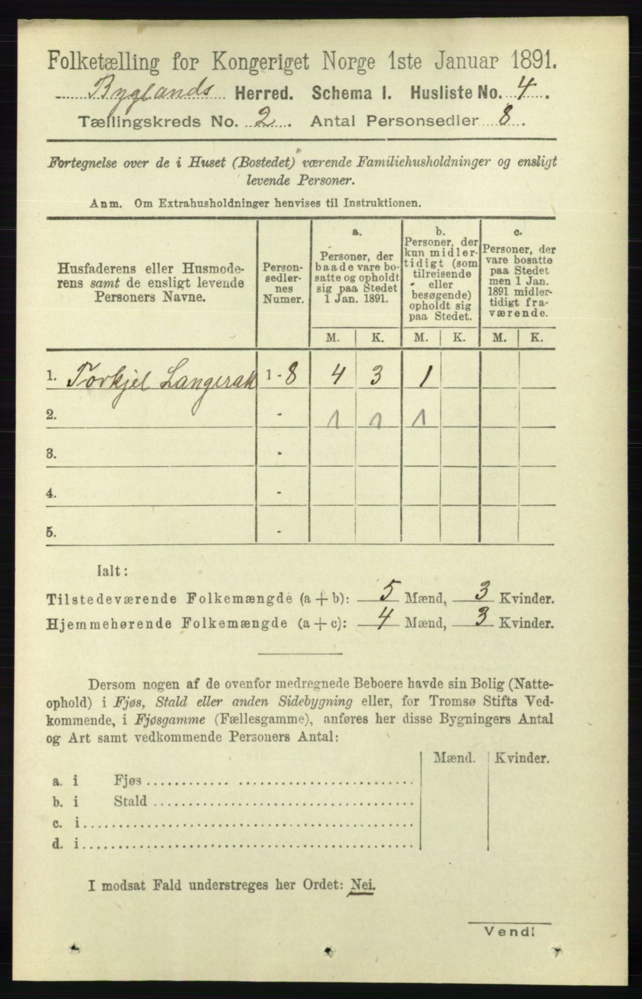 RA, 1891 census for 0938 Bygland, 1891, p. 217