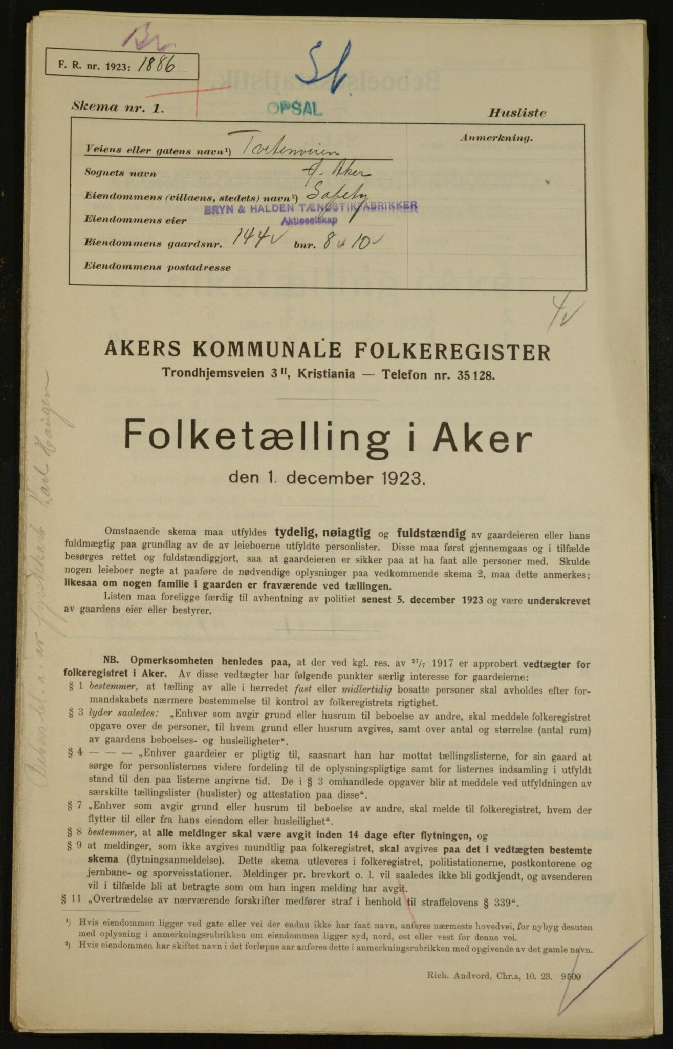 , Municipal Census 1923 for Aker, 1923, p. 34503