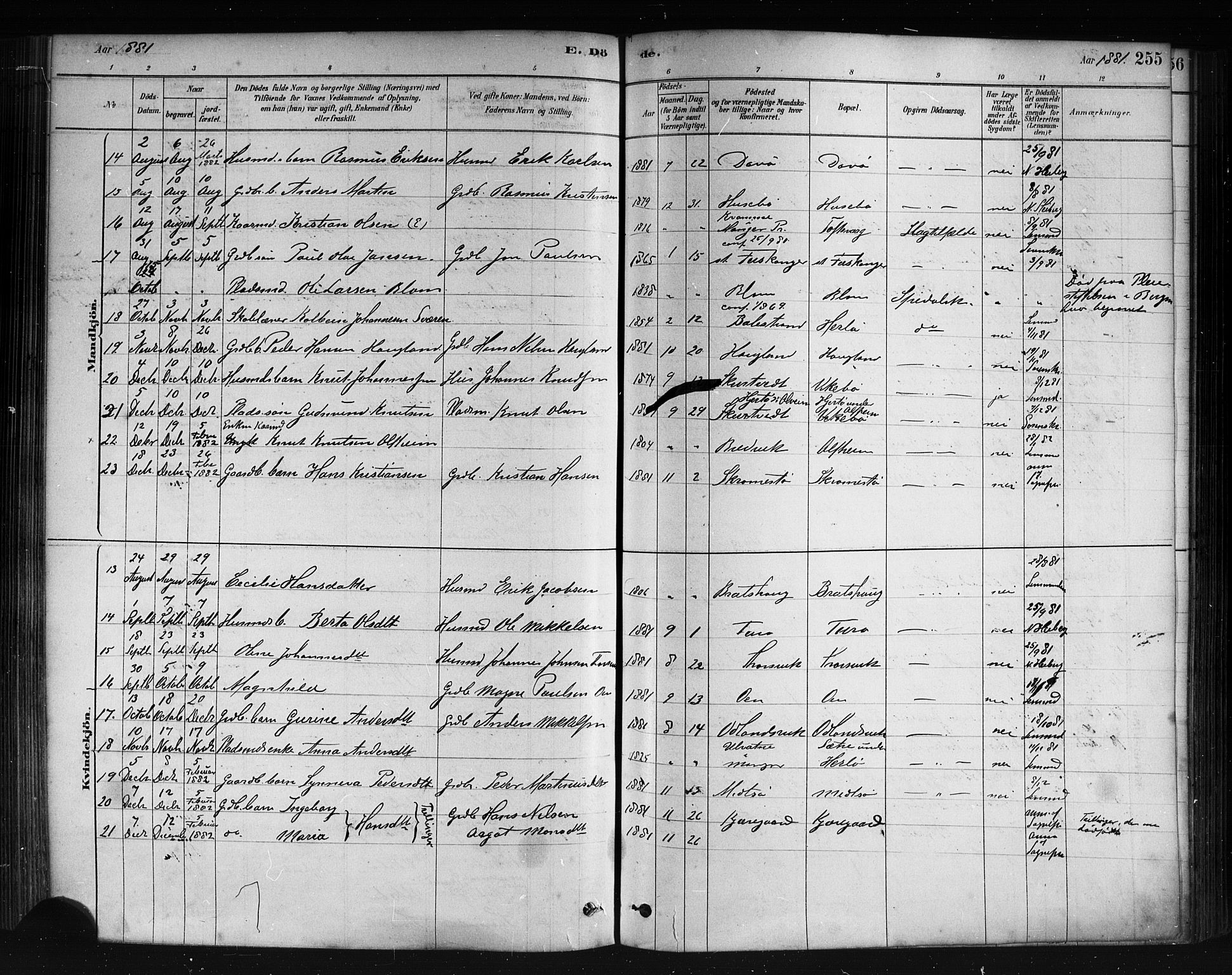 Herdla Sokneprestembete, AV/SAB-A-75701/H/Haa: Parish register (official) no. A 3, 1878-1890, p. 255