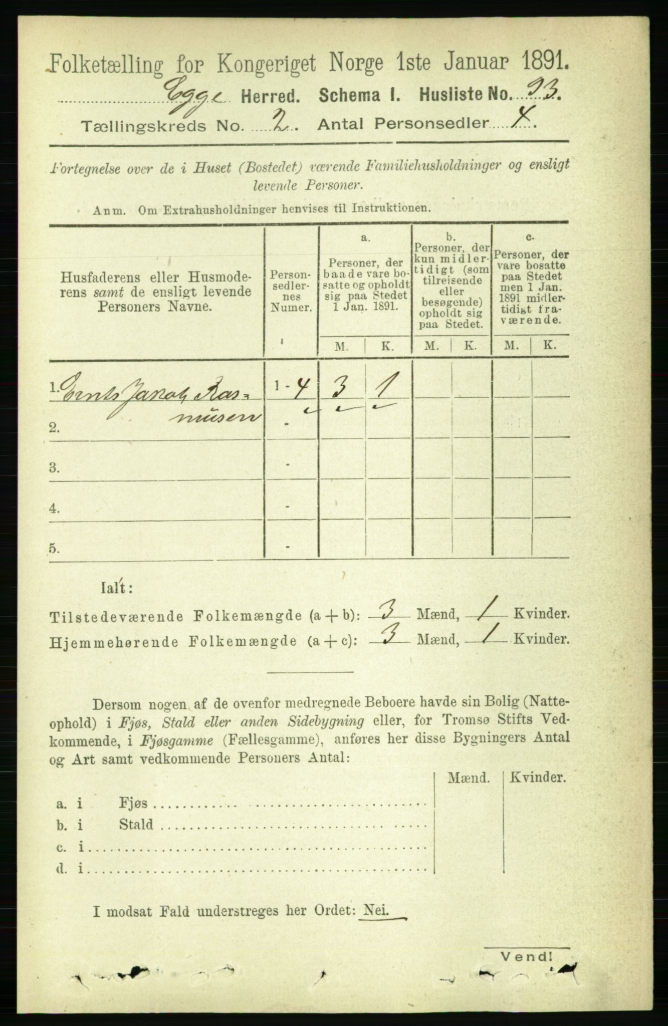 RA, 1891 census for 1733 Egge, 1891, p. 498