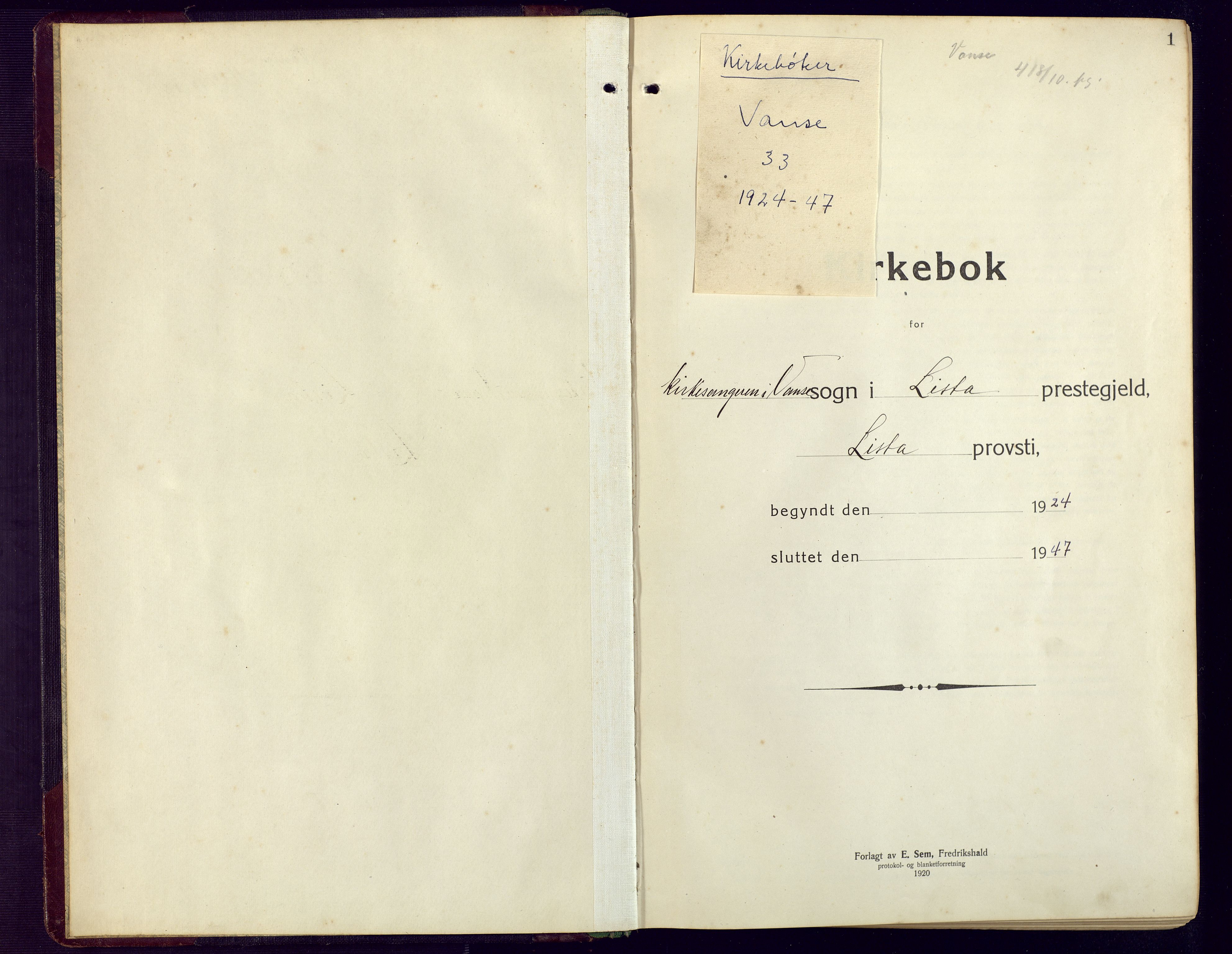 Lista sokneprestkontor, SAK/1111-0027/F/Fb/L0006: Parish register (copy) no. B 6, 1924-1947, p. 1