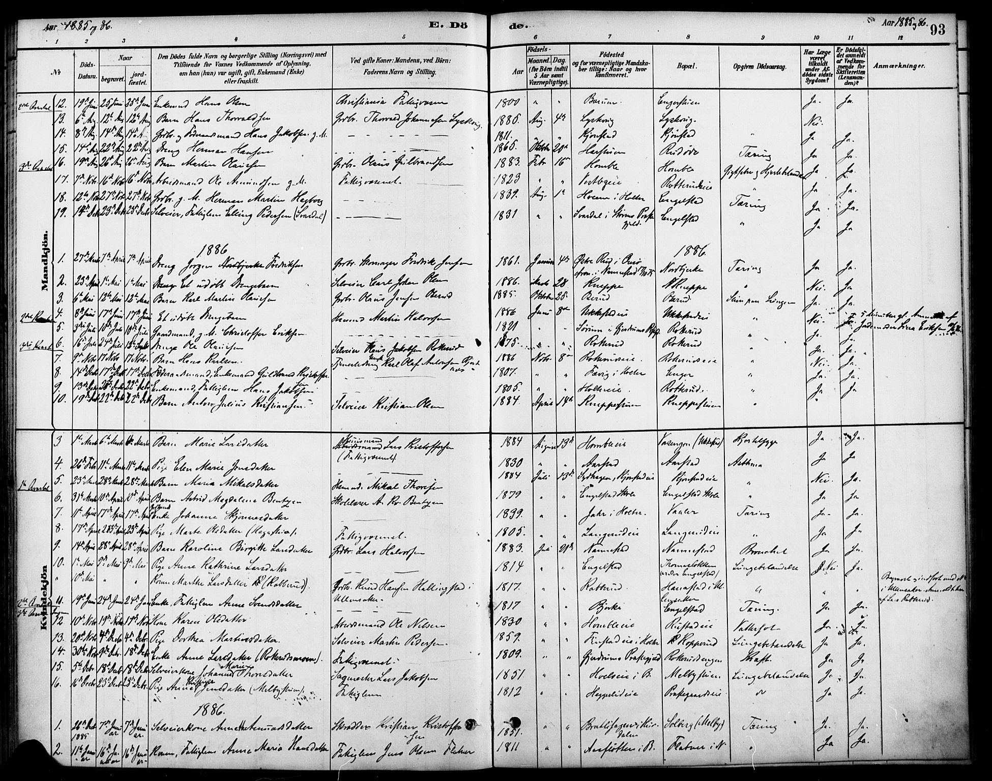 Nannestad prestekontor Kirkebøker, SAO/A-10414a/F/Fa/L0014: Parish register (official) no. I 14, 1881-1890, p. 93