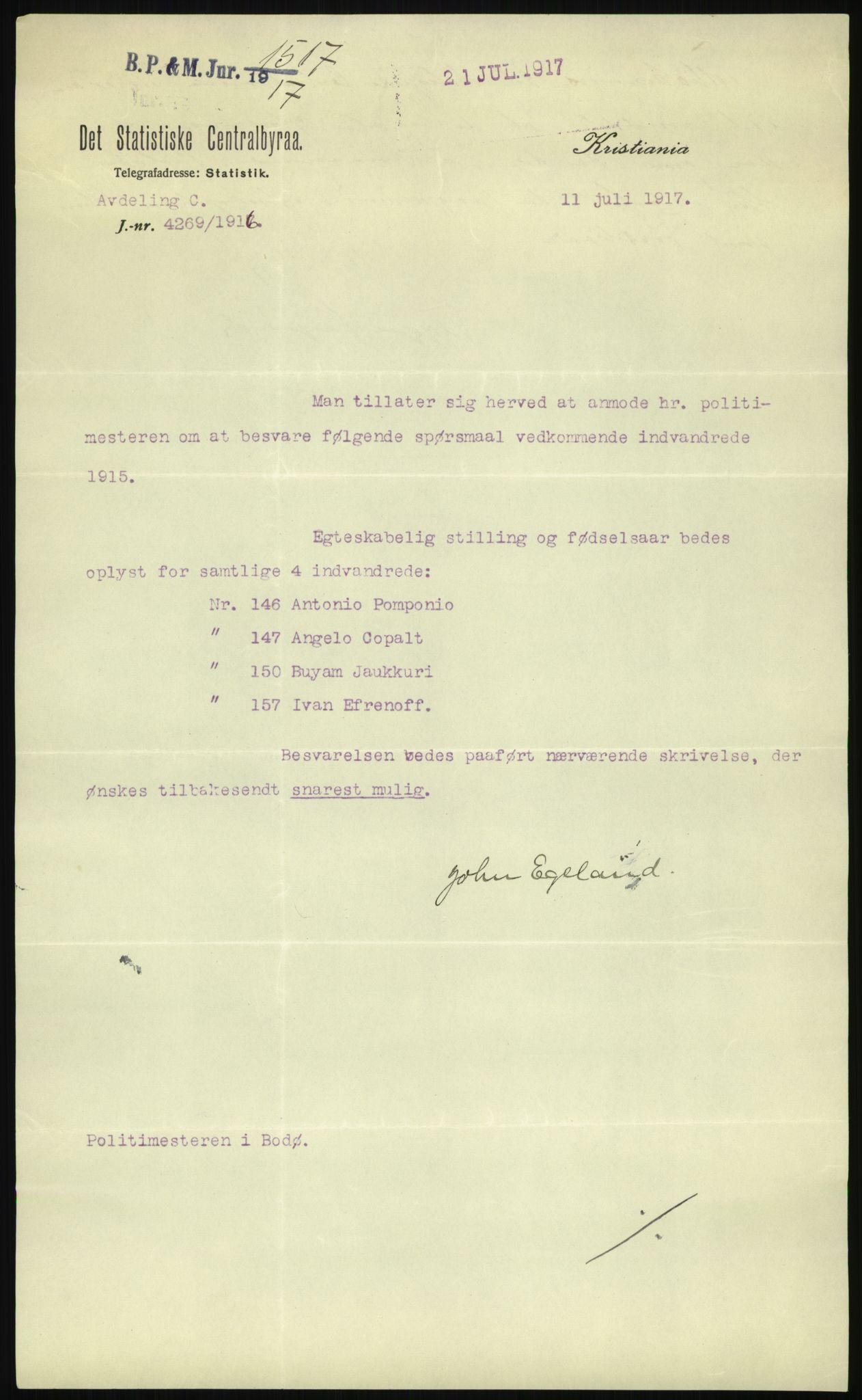 Statistisk sentralbyrå, Sosioøkonomiske emner, Folketellinger, boliger og boforhold, AV/RA-S-2231/F/Fa/L0001: Innvandring. Navn/fylkesvis, 1915, p. 7