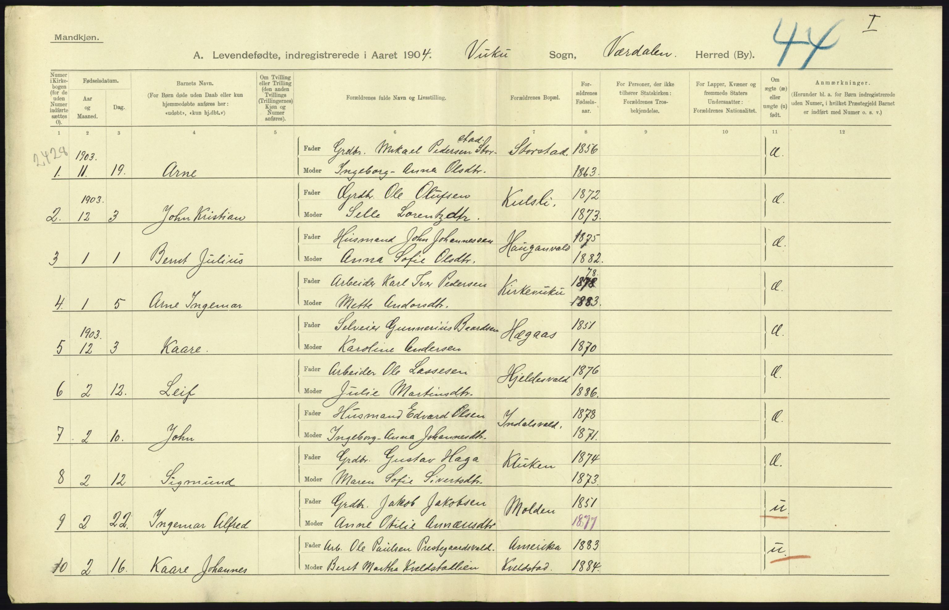 Statistisk sentralbyrå, Sosiodemografiske emner, Befolkning, AV/RA-S-2228/D/Df/Dfa/Dfab/L0019: Nordre Trondhjems amt: Fødte, gifte, døde, 1904, p. 131