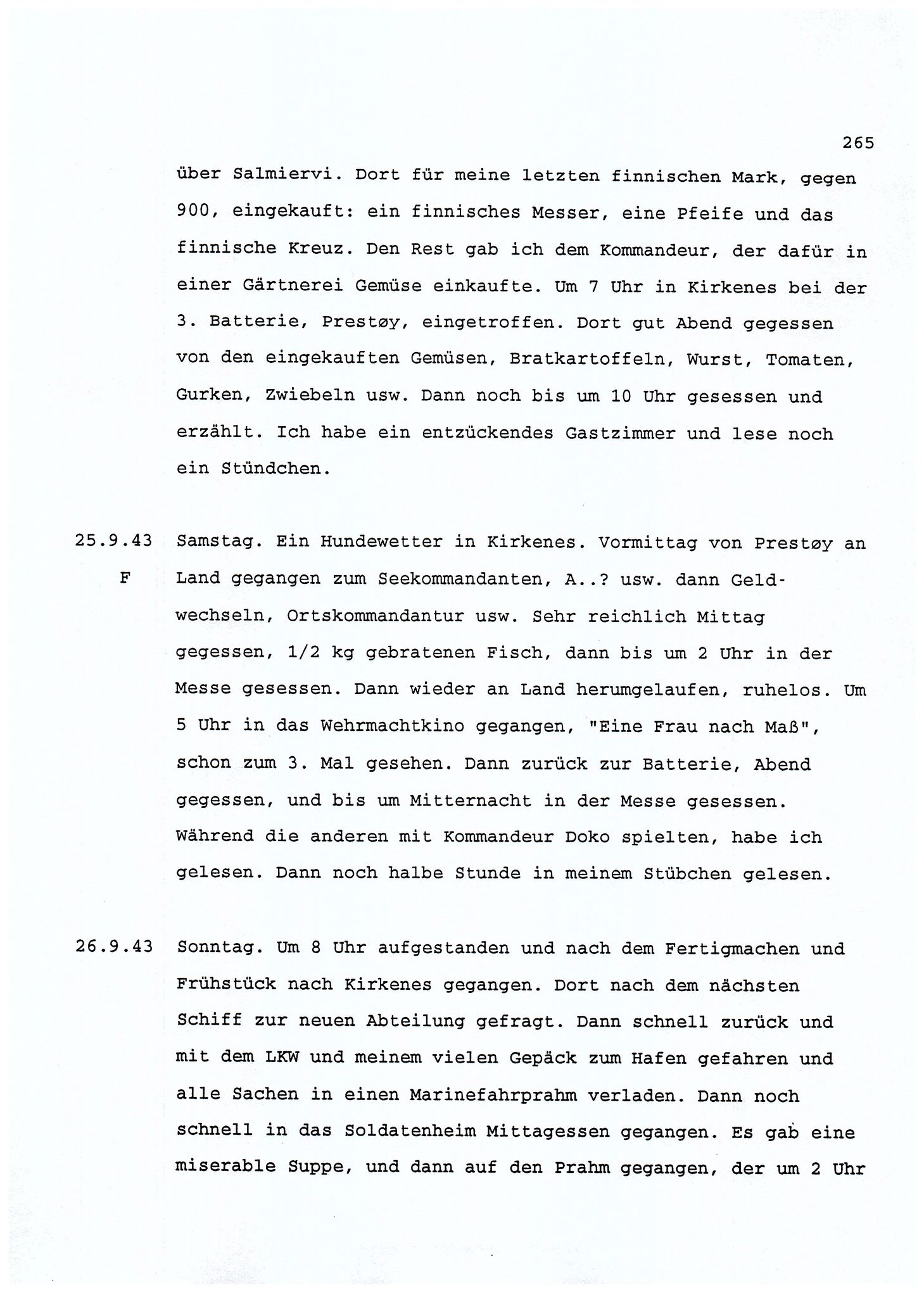 Dagbokopptegnelser av en tysk marineoffiser stasjonert i Norge , FMFB/A-1160/F/L0001: Dagbokopptegnelser av en tysk marineoffiser stasjonert i Norge, 1941-1944, p. 265