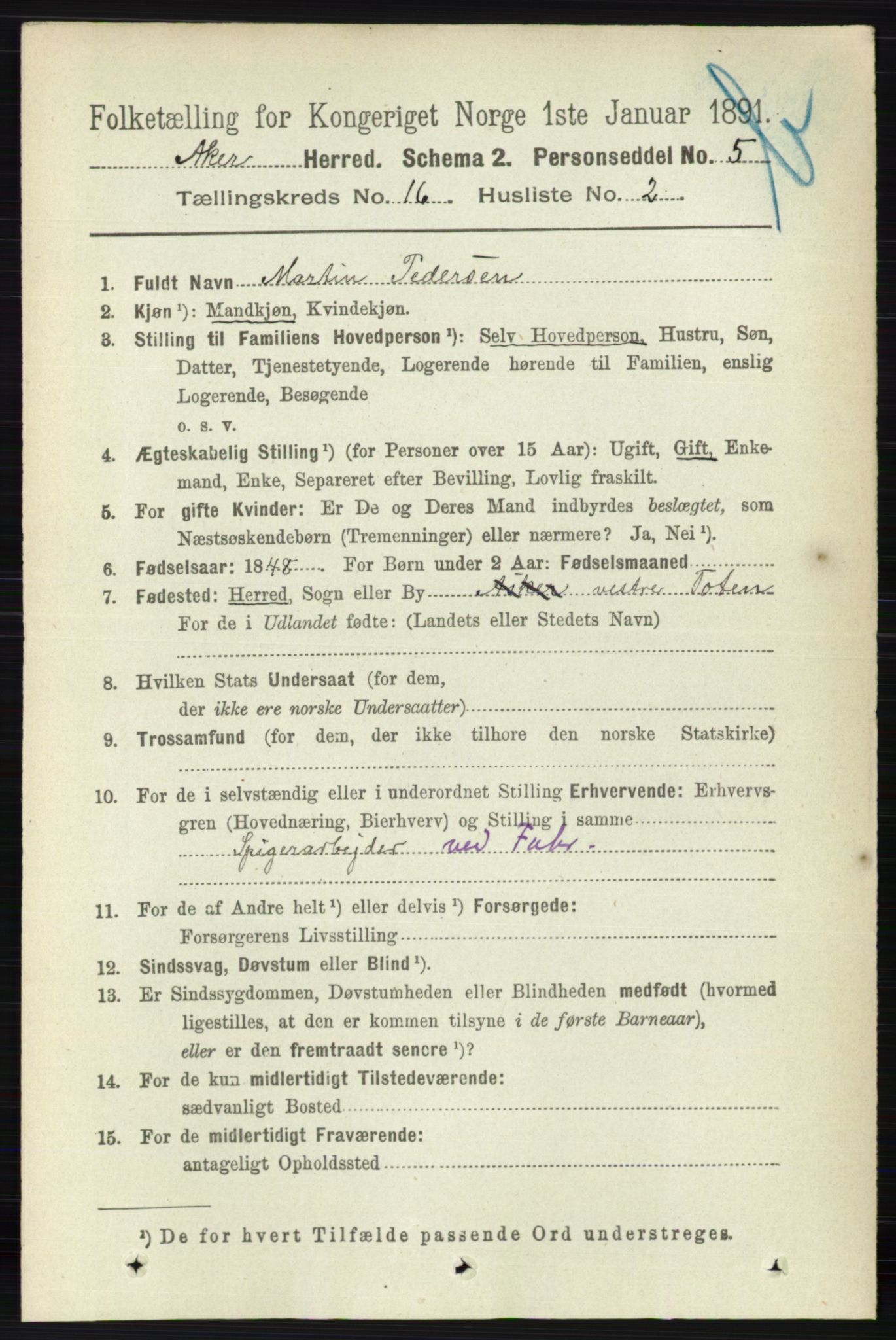 RA, 1891 census for 0218 Aker, 1891, p. 14048