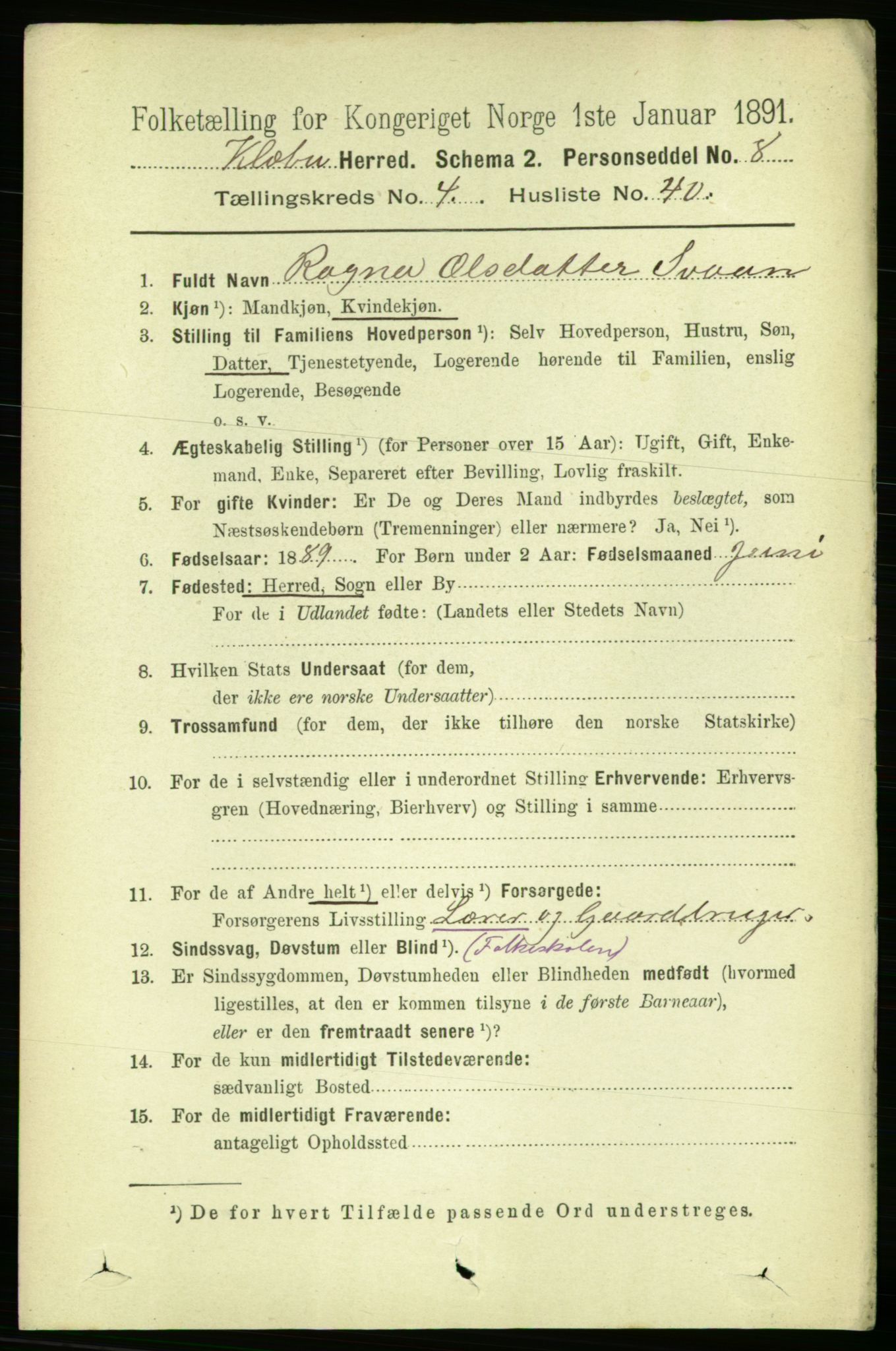 RA, 1891 census for 1662 Klæbu, 1891, p. 1007