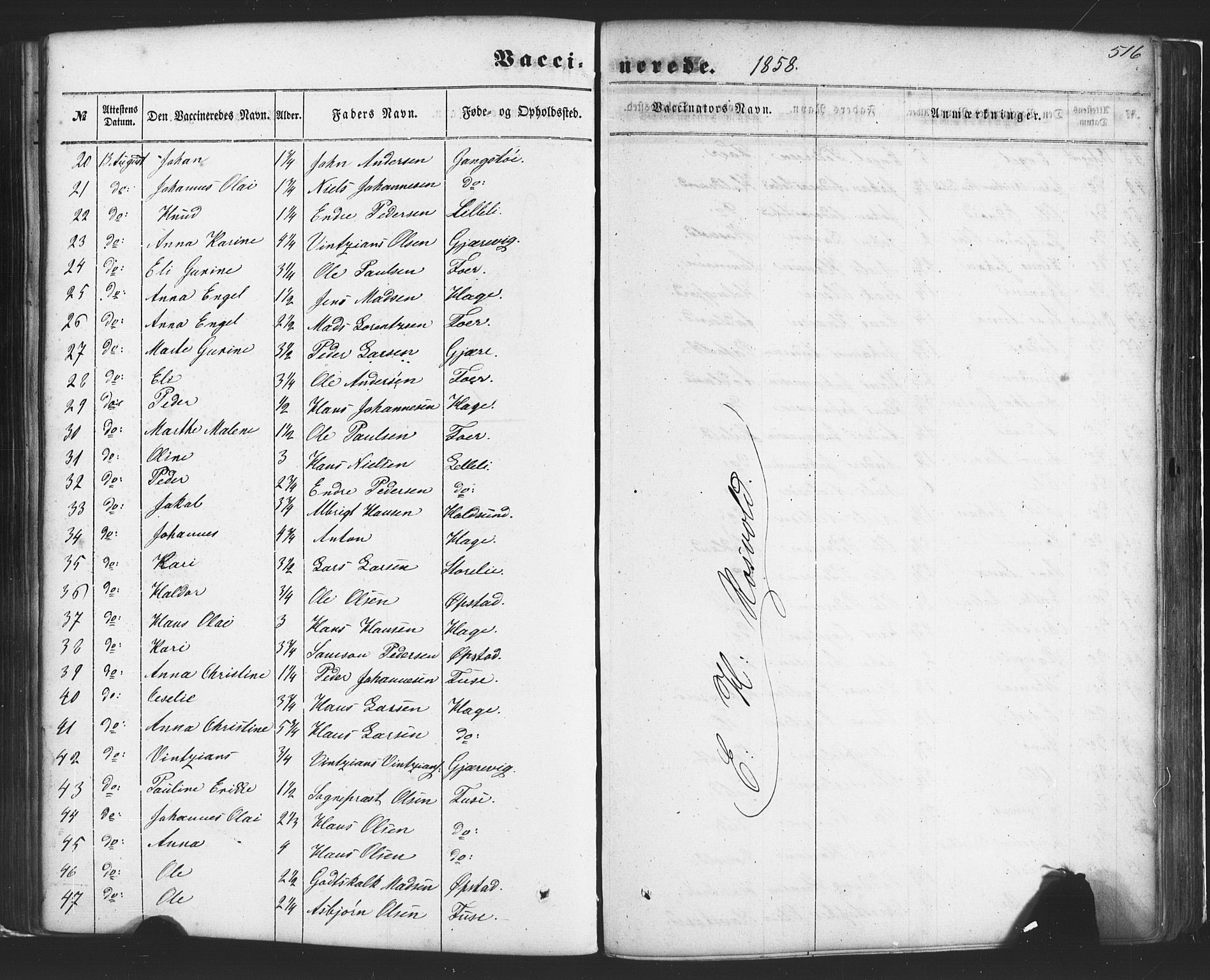 Fusa sokneprestembete, AV/SAB-A-75401/H/Haa: Parish register (official) no. A 1II, 1855-1879, p. 516