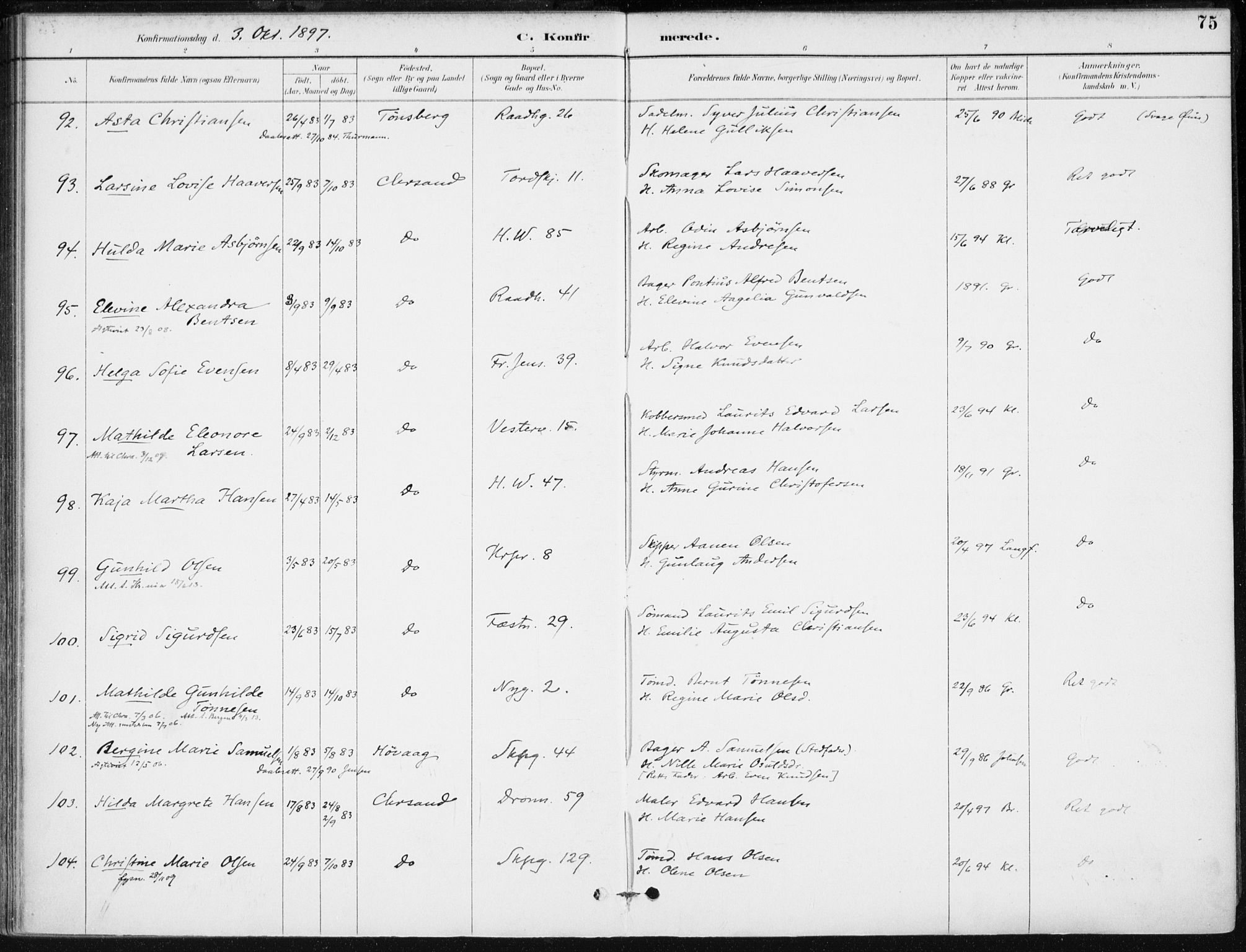 Kristiansand domprosti, AV/SAK-1112-0006/F/Fa/L0020: Parish register (official) no. A 19, 1893-1904, p. 75