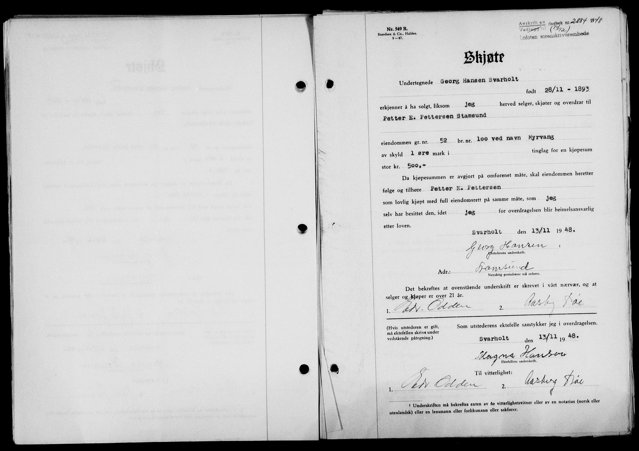 Lofoten sorenskriveri, SAT/A-0017/1/2/2C/L0020a: Mortgage book no. 20a, 1948-1949, Diary no: : 2884/1948