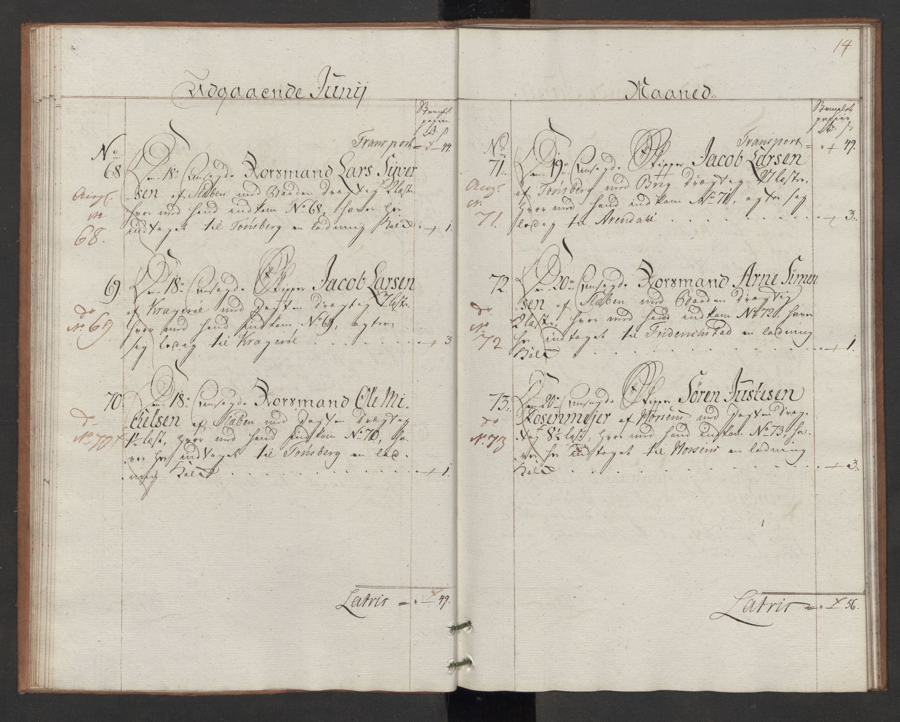 Generaltollkammeret, tollregnskaper, AV/RA-EA-5490/R06/L0166/0002: Tollregnskaper Kristiania / Utgående hovedtollbok Slependen, 1786, p. 13b-14a