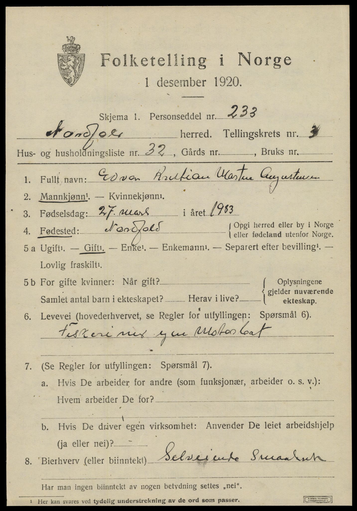 SAT, 1920 census for Nordfold, 1920, p. 1965