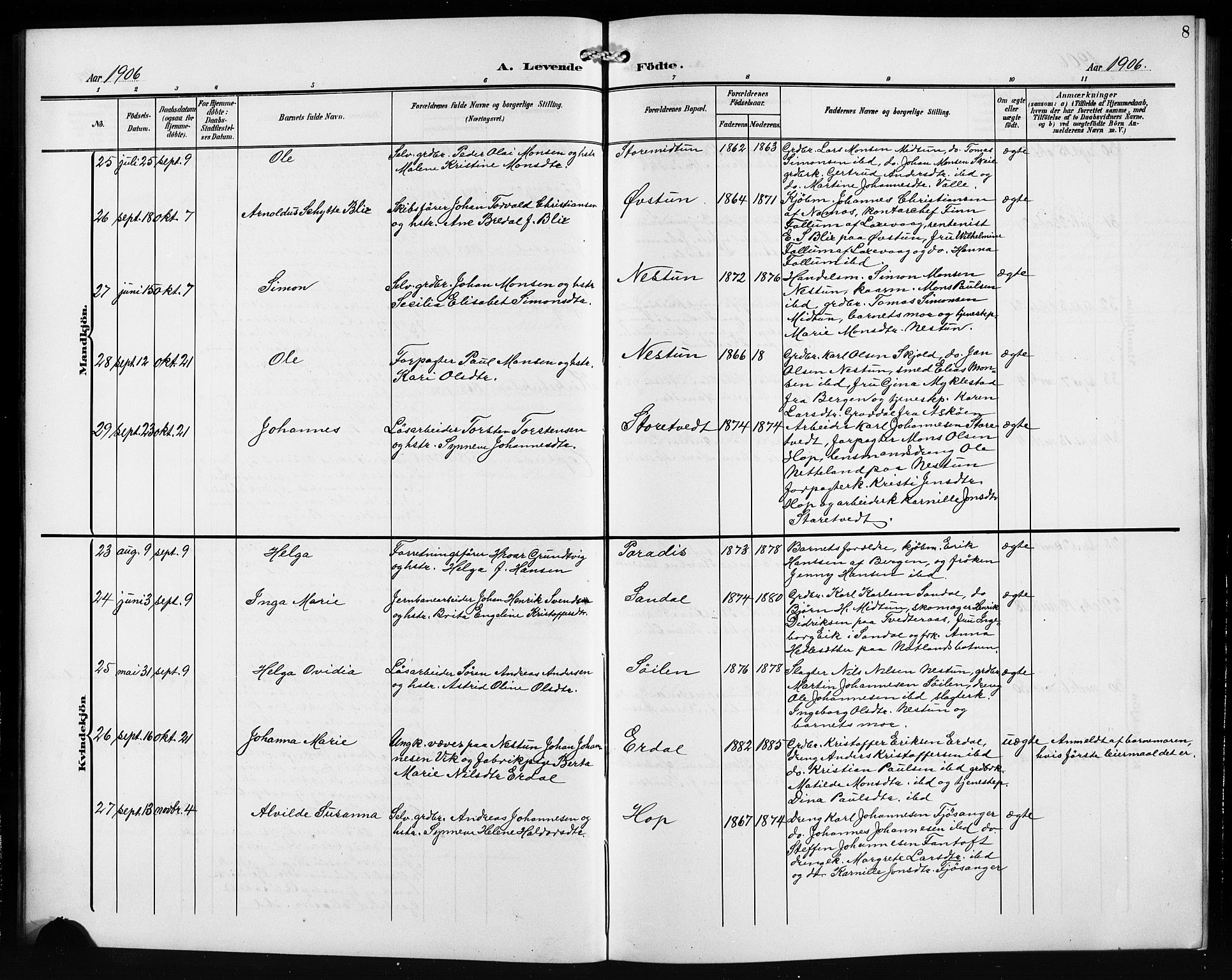 Birkeland Sokneprestembete, AV/SAB-A-74601/H/Hab: Parish register (copy) no. A 6, 1906-1915, p. 8