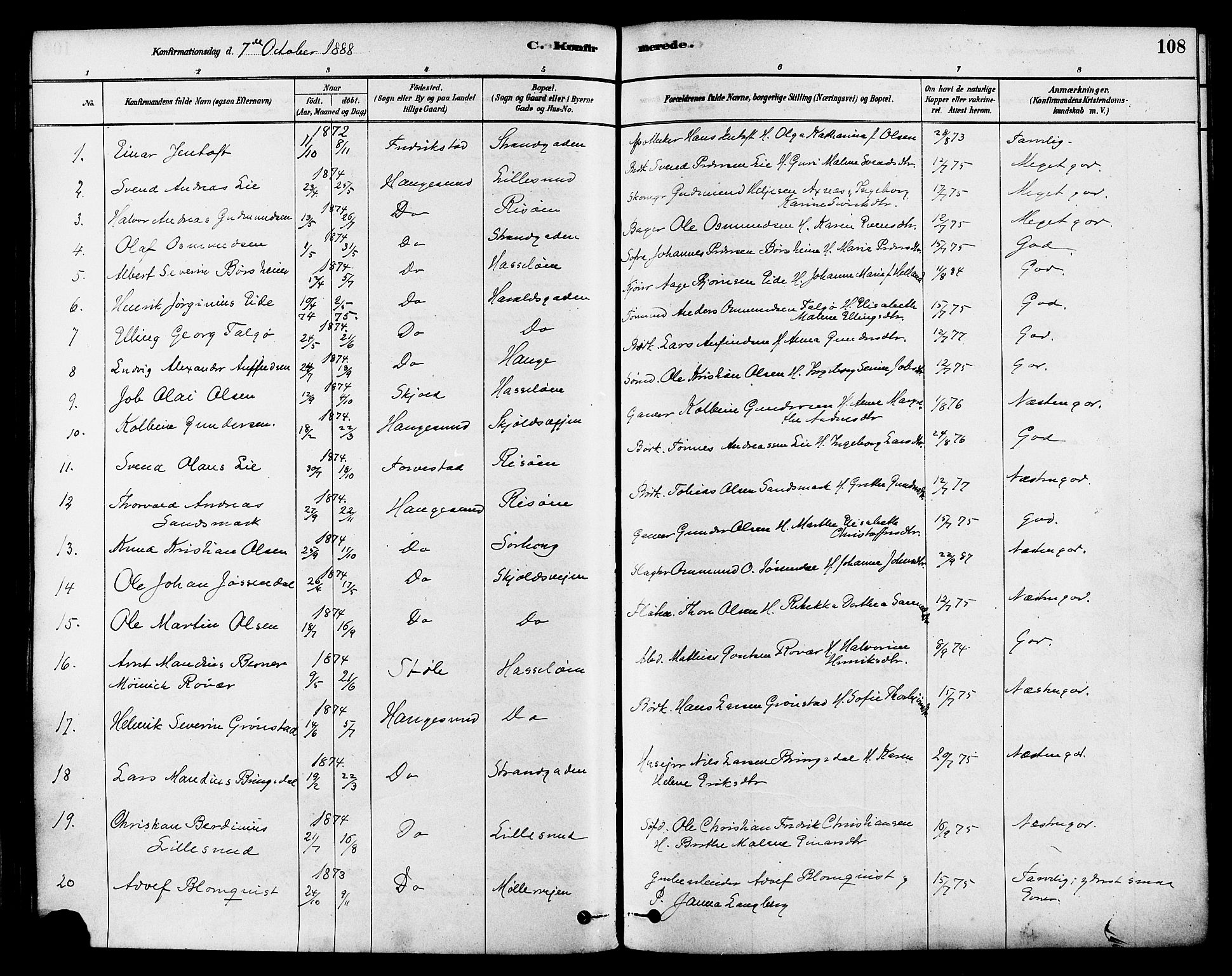 Haugesund sokneprestkontor, AV/SAST-A -101863/H/Ha/Haa/L0003: Parish register (official) no. A 3, 1885-1890, p. 108