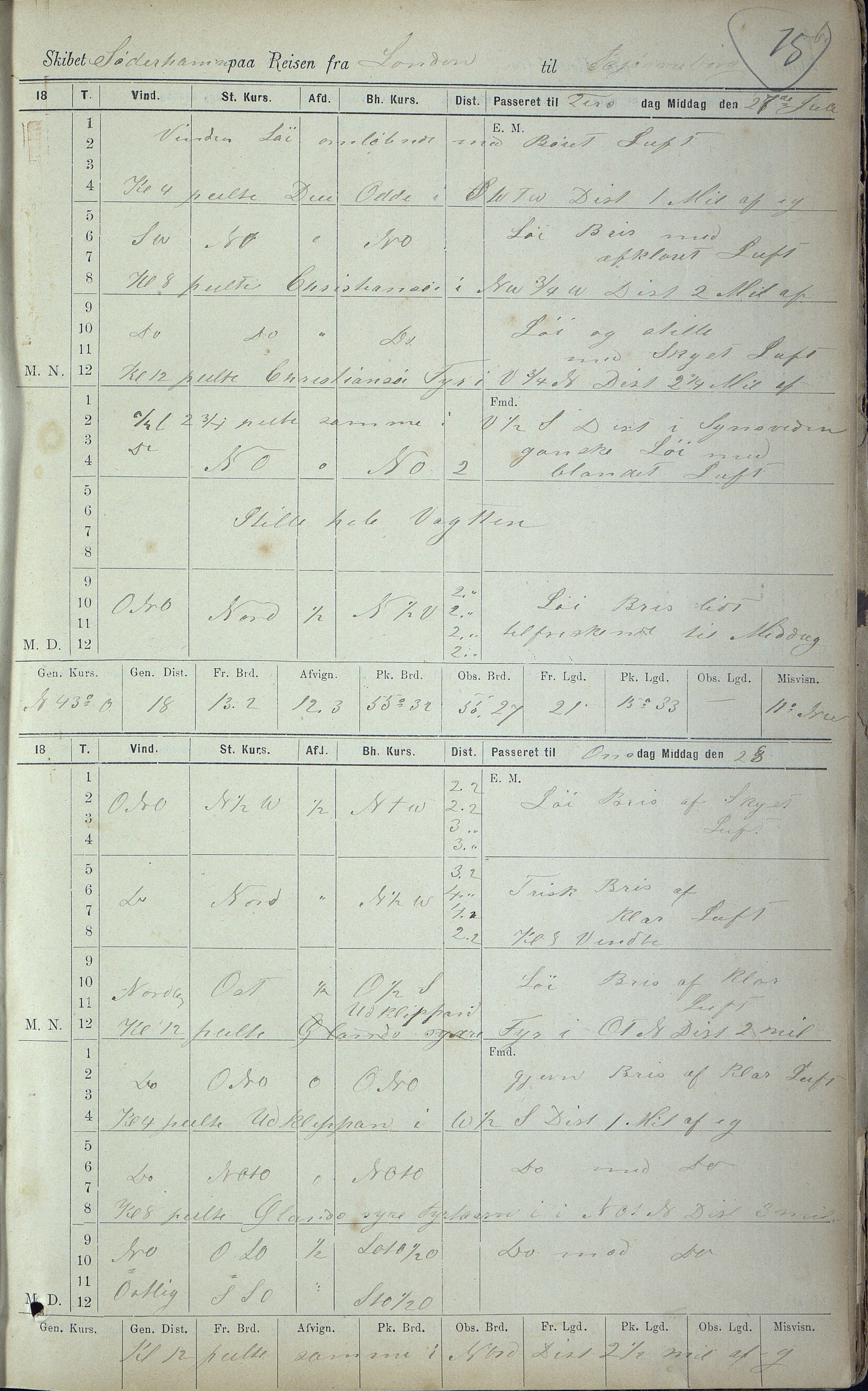 Tellefsen. Skipsarkiv, AAKS/PA-1572/E01/L0001/0001: Søderhamn, bark / Skipsjournal for Søderhamn, 1885-1887