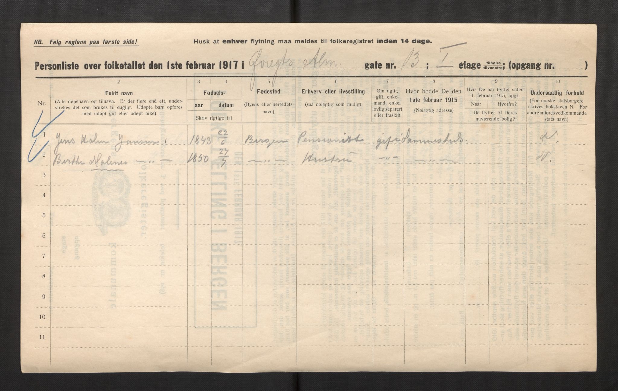 SAB, Municipal Census 1917 for Bergen, 1917, p. 46665