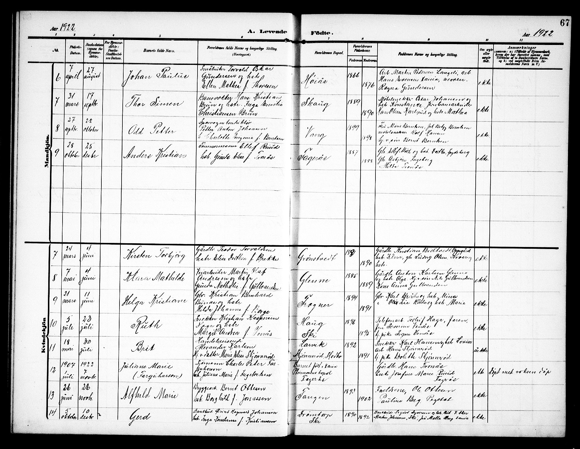 Kråkstad prestekontor Kirkebøker, SAO/A-10125a/G/Ga/L0002: Parish register (copy) no. I 2, 1905-1934, p. 67