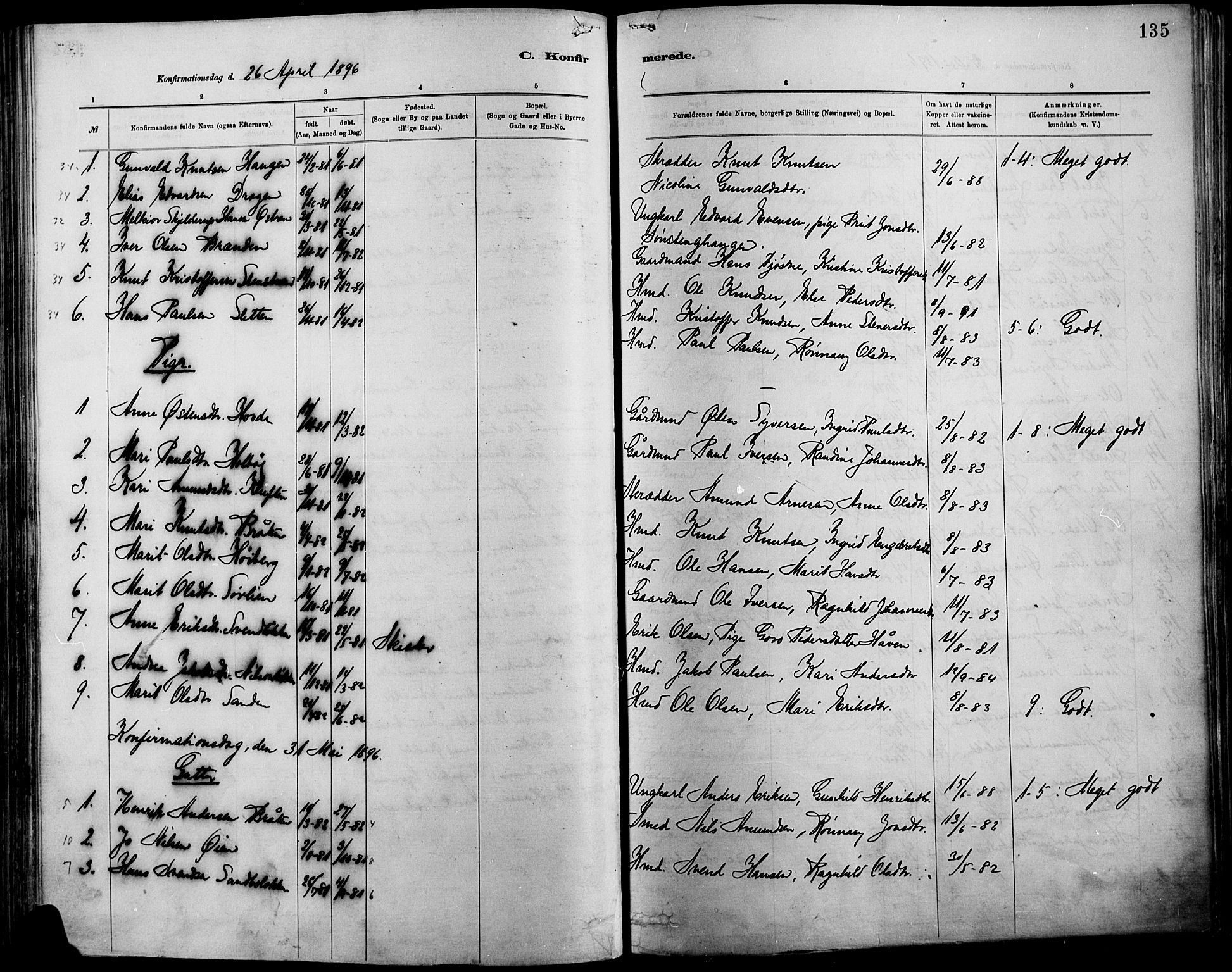 Vågå prestekontor, SAH/PREST-076/H/Ha/Haa/L0009: Parish register (official) no. 9, 1886-1904, p. 135