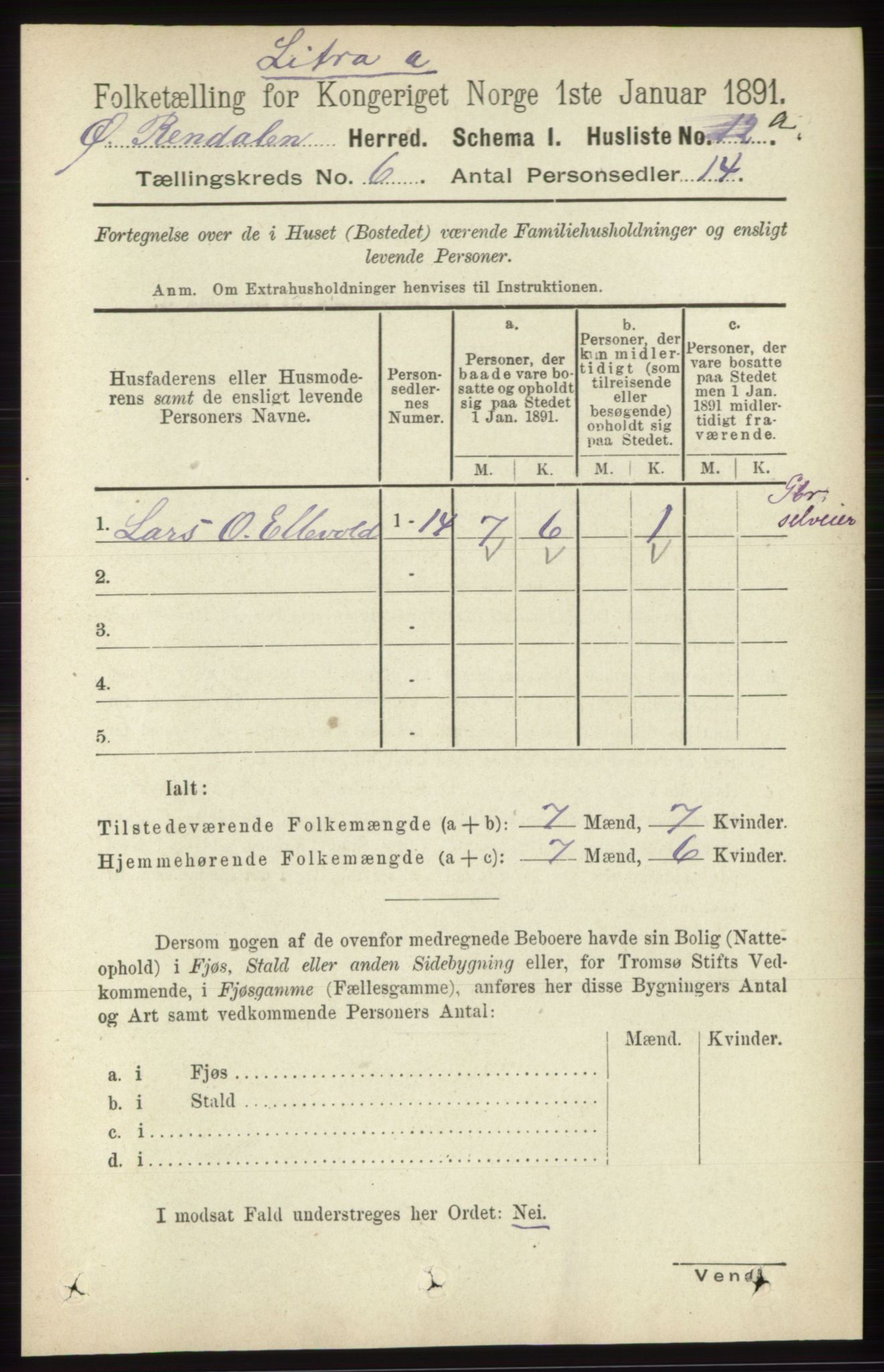 RA, 1891 census for 0433 Øvre Rendal, 1891, p. 1583