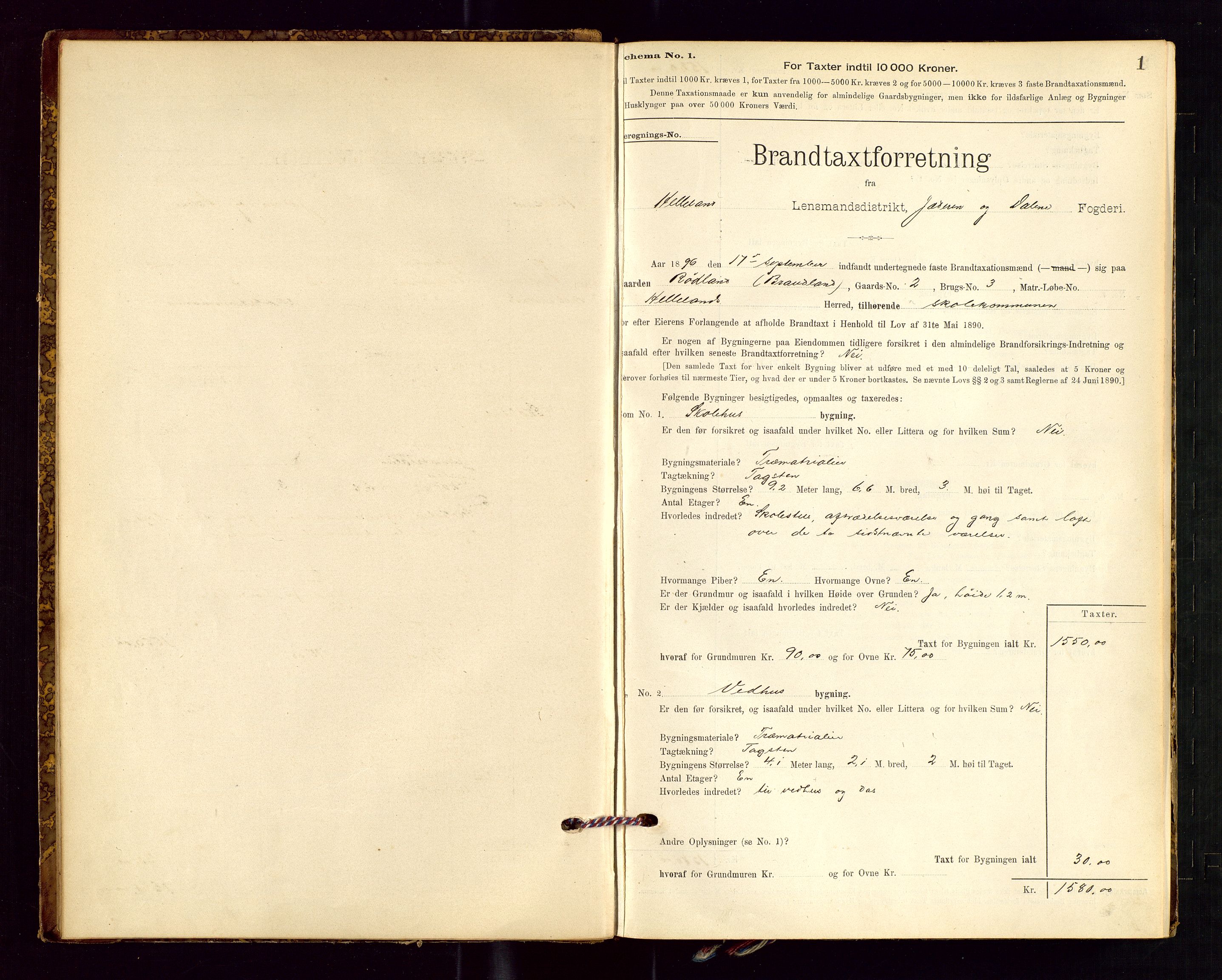 Helleland lensmannskontor, AV/SAST-A-100209/Gob/L0001: "Brandtaxationsprotokol", 1896-1919, p. 1