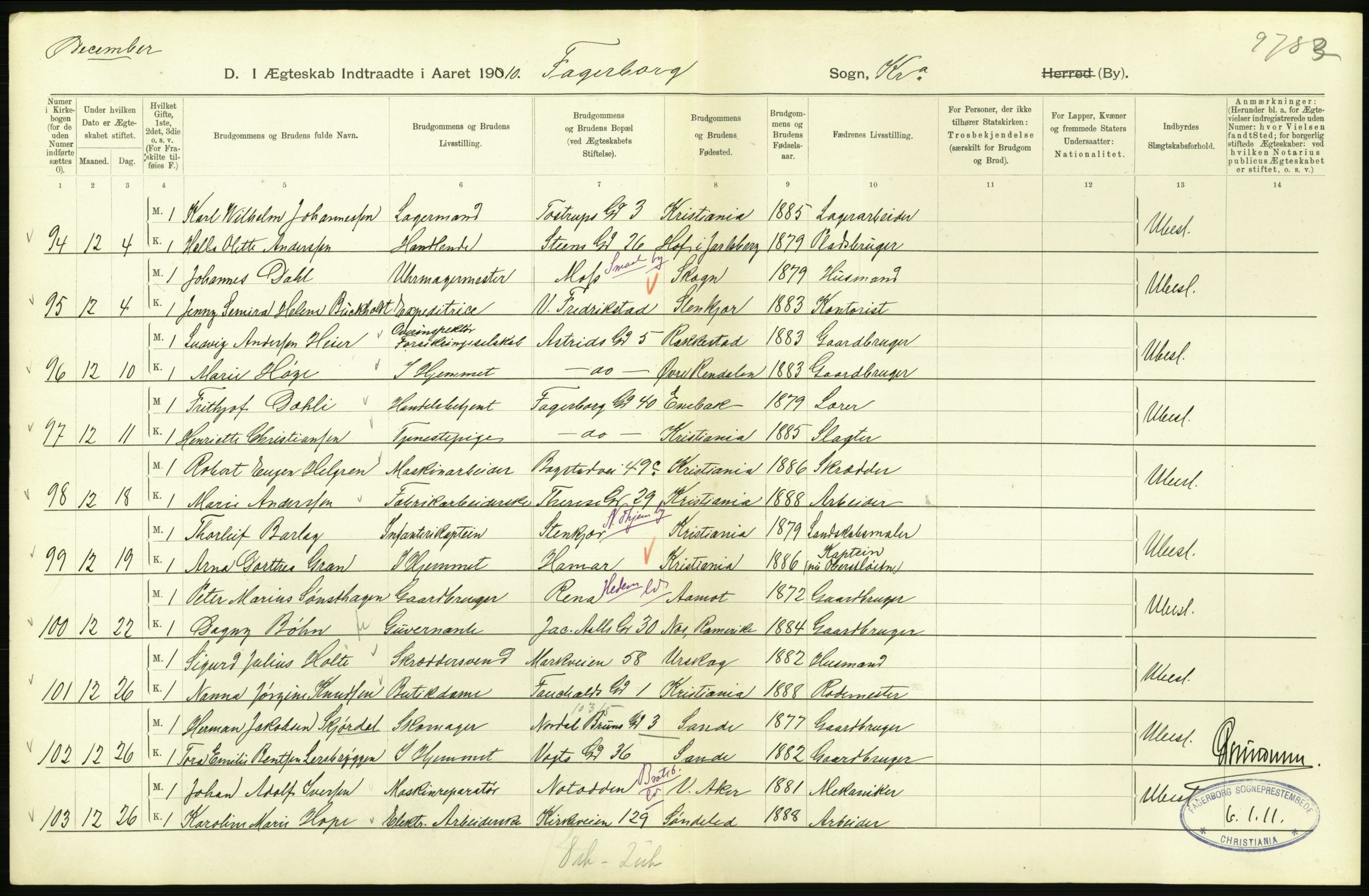 Statistisk sentralbyrå, Sosiodemografiske emner, Befolkning, AV/RA-S-2228/D/Df/Dfa/Dfah/L0009: Kristiania: Gifte og dødfødte., 1910, p. 694