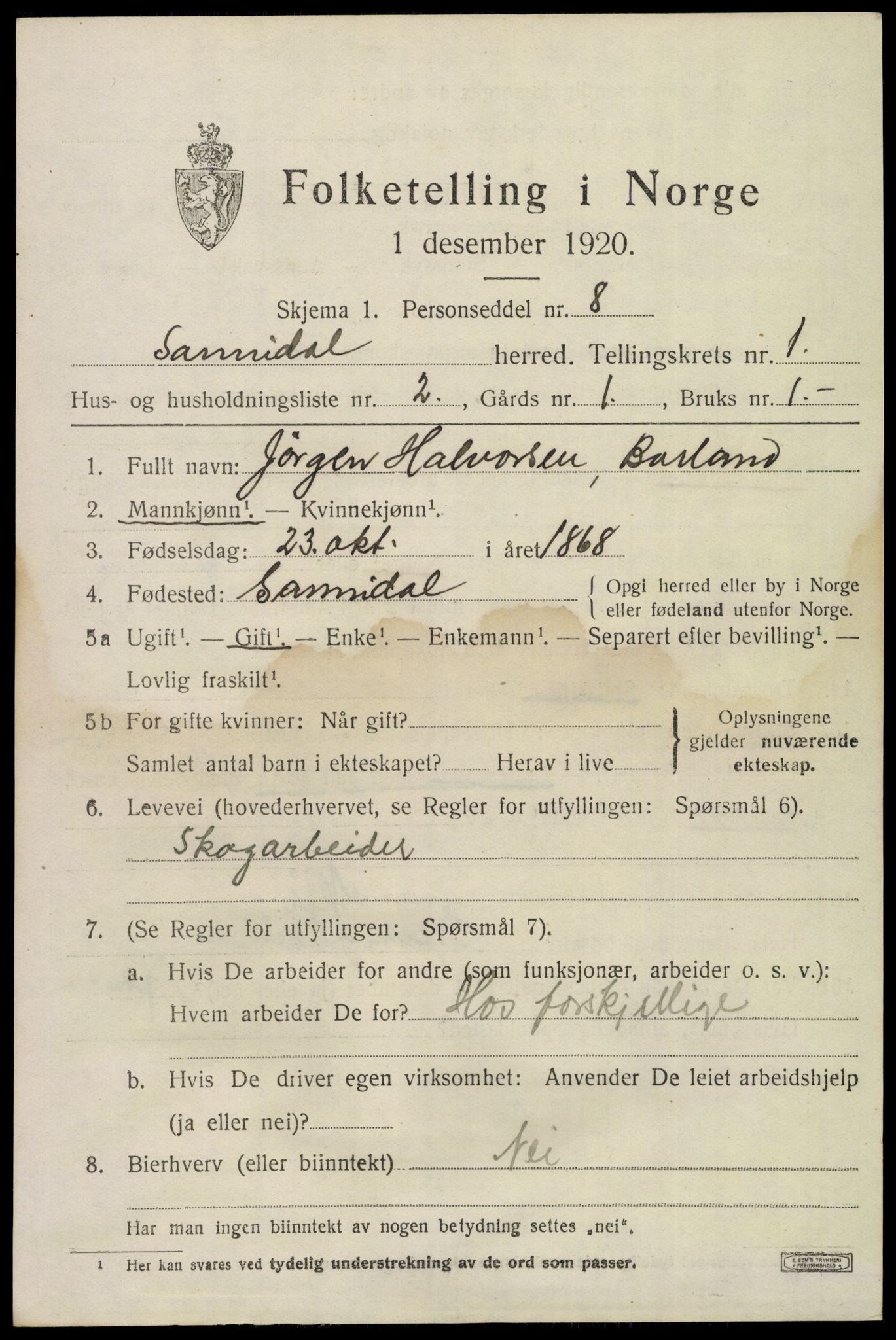 SAKO, 1920 census for Sannidal, 1920, p. 1055