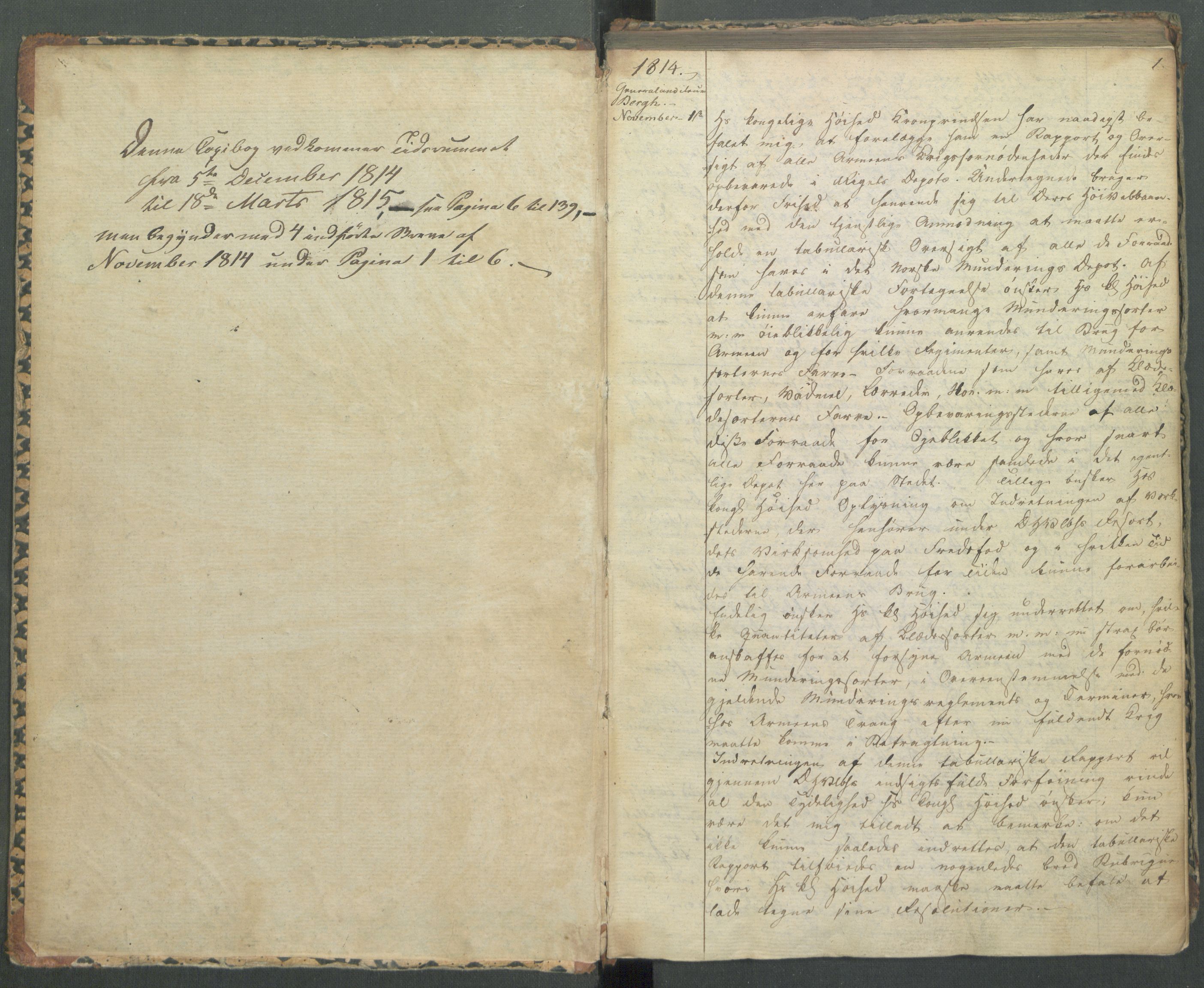 Armédepartementet, AV/RA-RAFA-3493/B/Ba/L0001: 6. Departements Kopibog, 1814-1815, p. 1