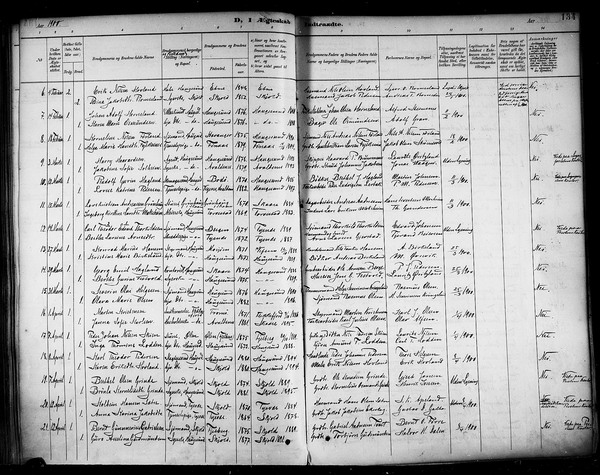 Haugesund sokneprestkontor, AV/SAST-A -101863/H/Ha/Haa/L0005: Parish register (official) no. A 5, 1891-1903, p. 134