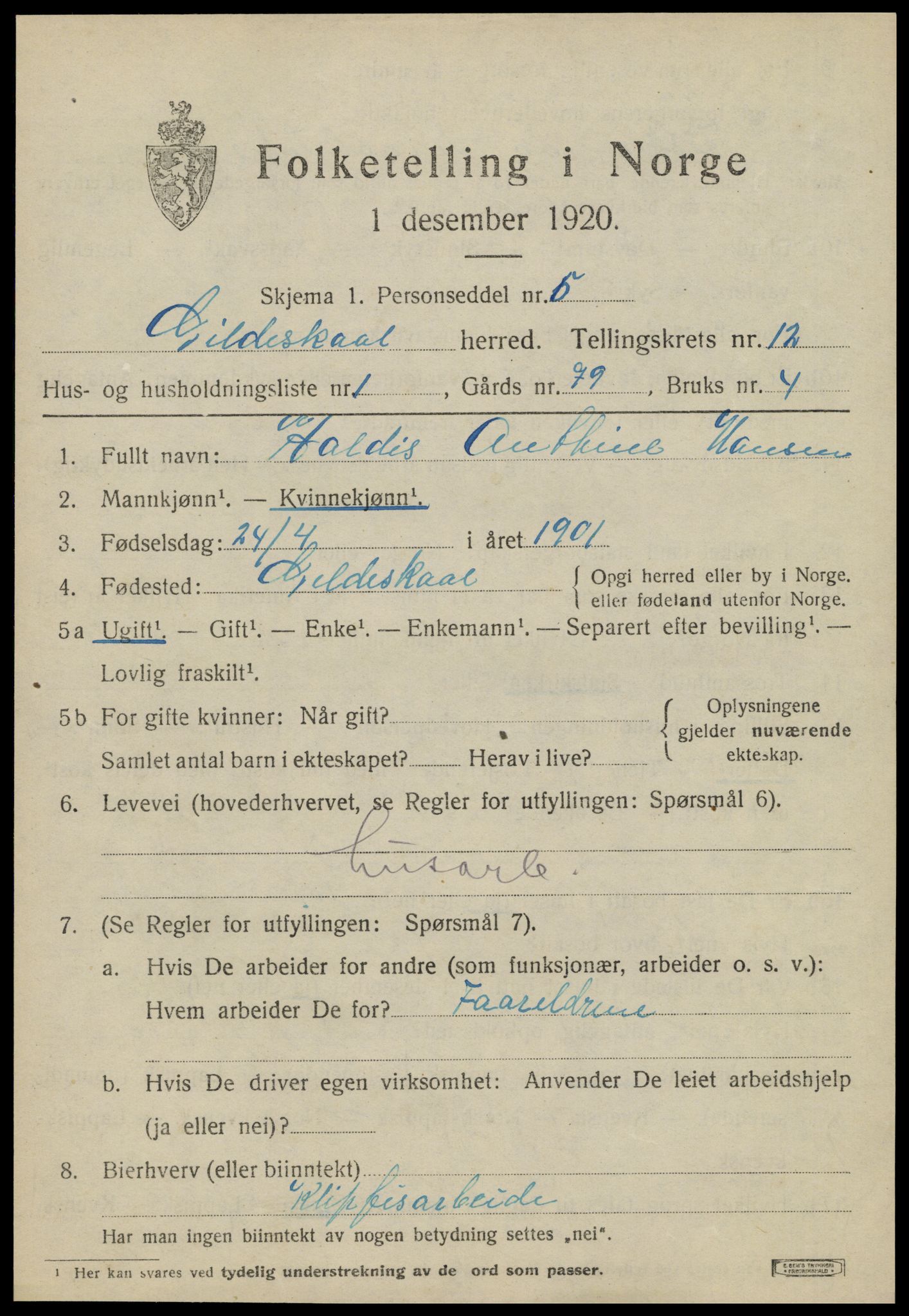 SAT, 1920 census for Gildeskål, 1920, p. 7234