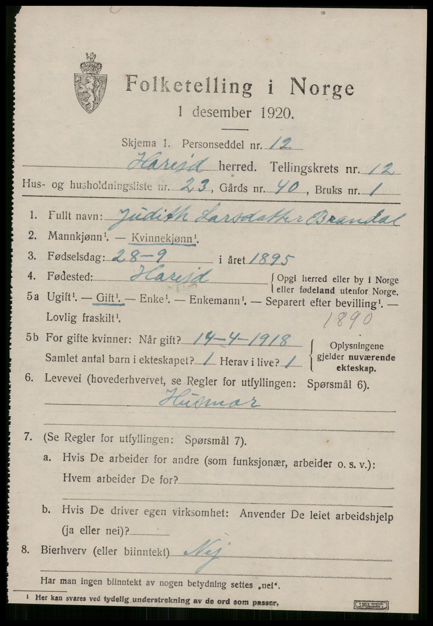 SAT, 1920 census for Hareid, 1920, p. 4925