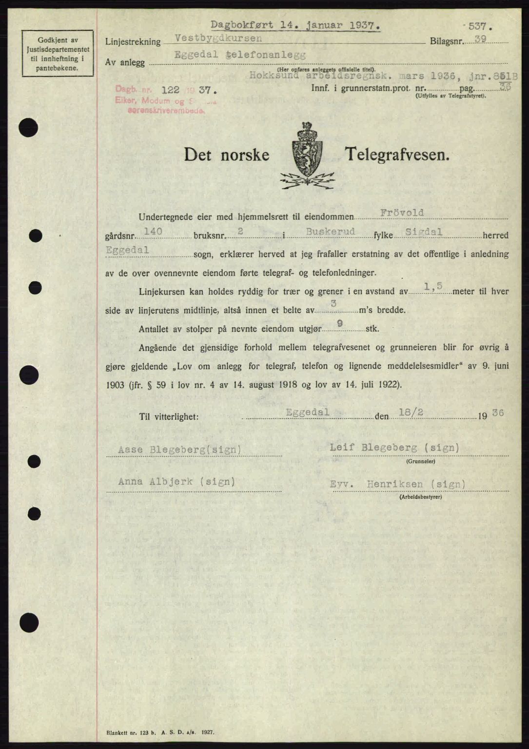 Eiker, Modum og Sigdal sorenskriveri, SAKO/A-123/G/Ga/Gab/L0034: Mortgage book no. A4, 1936-1937, Diary no: : 122/1937