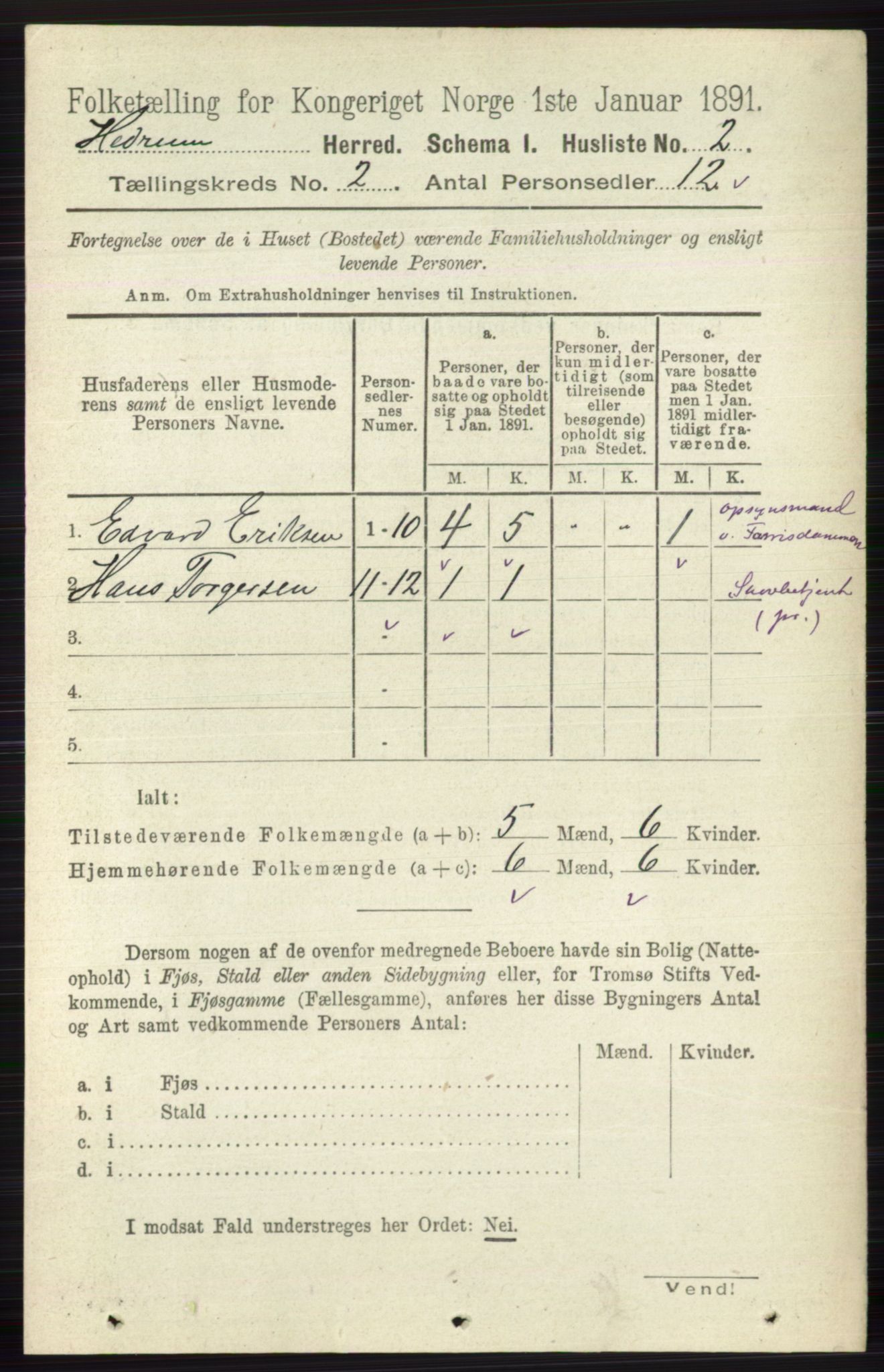 RA, 1891 census for 0727 Hedrum, 1891, p. 278