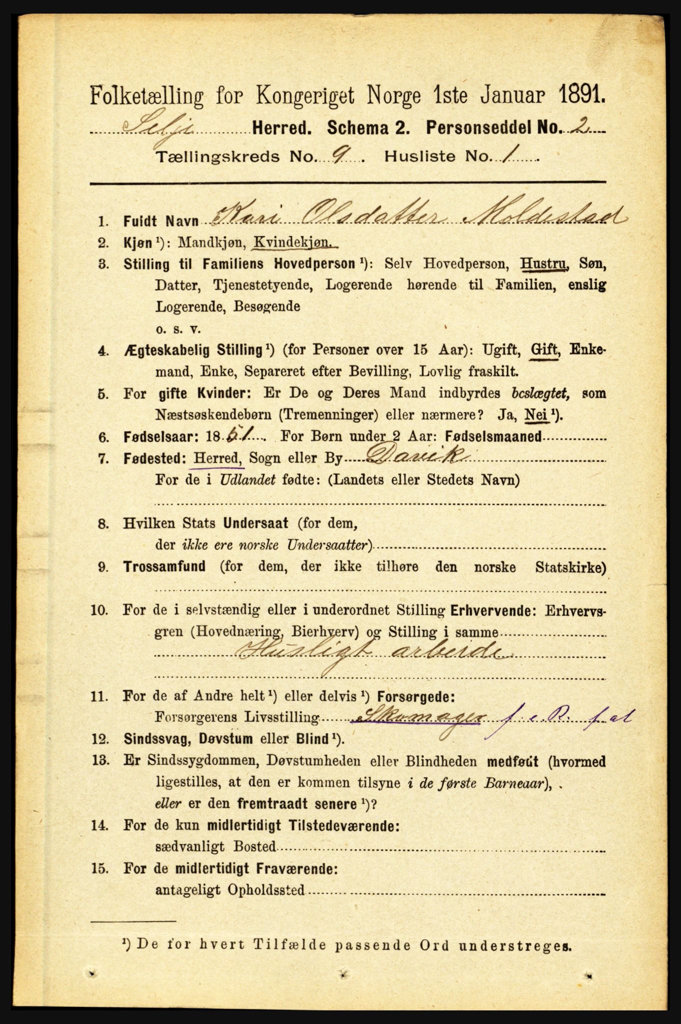 RA, 1891 census for 1441 Selje, 1891, p. 2705