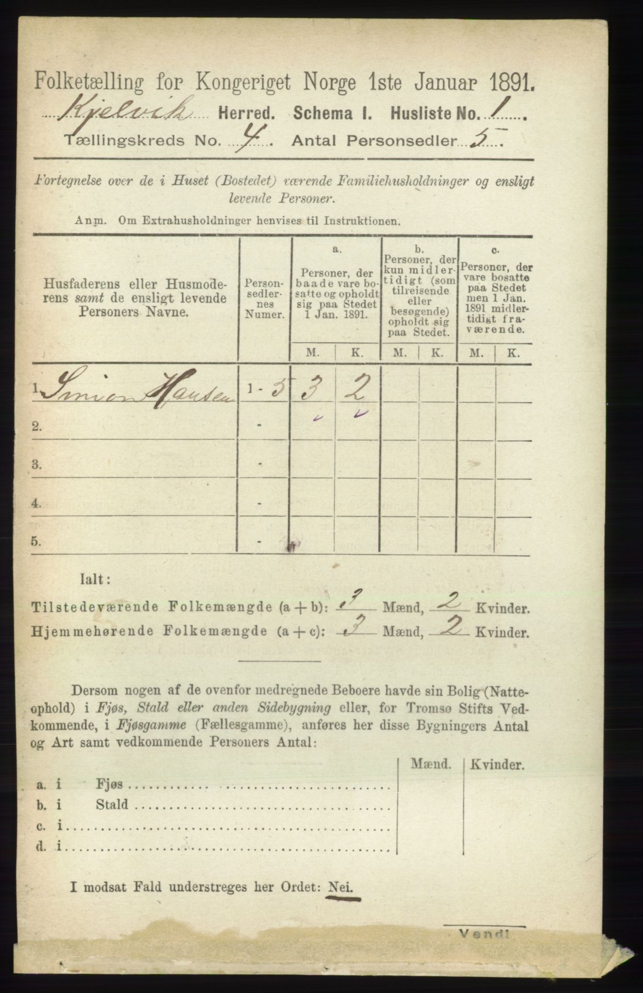 RA, 1891 census for 2019 Kjelvik, 1891, p. 407