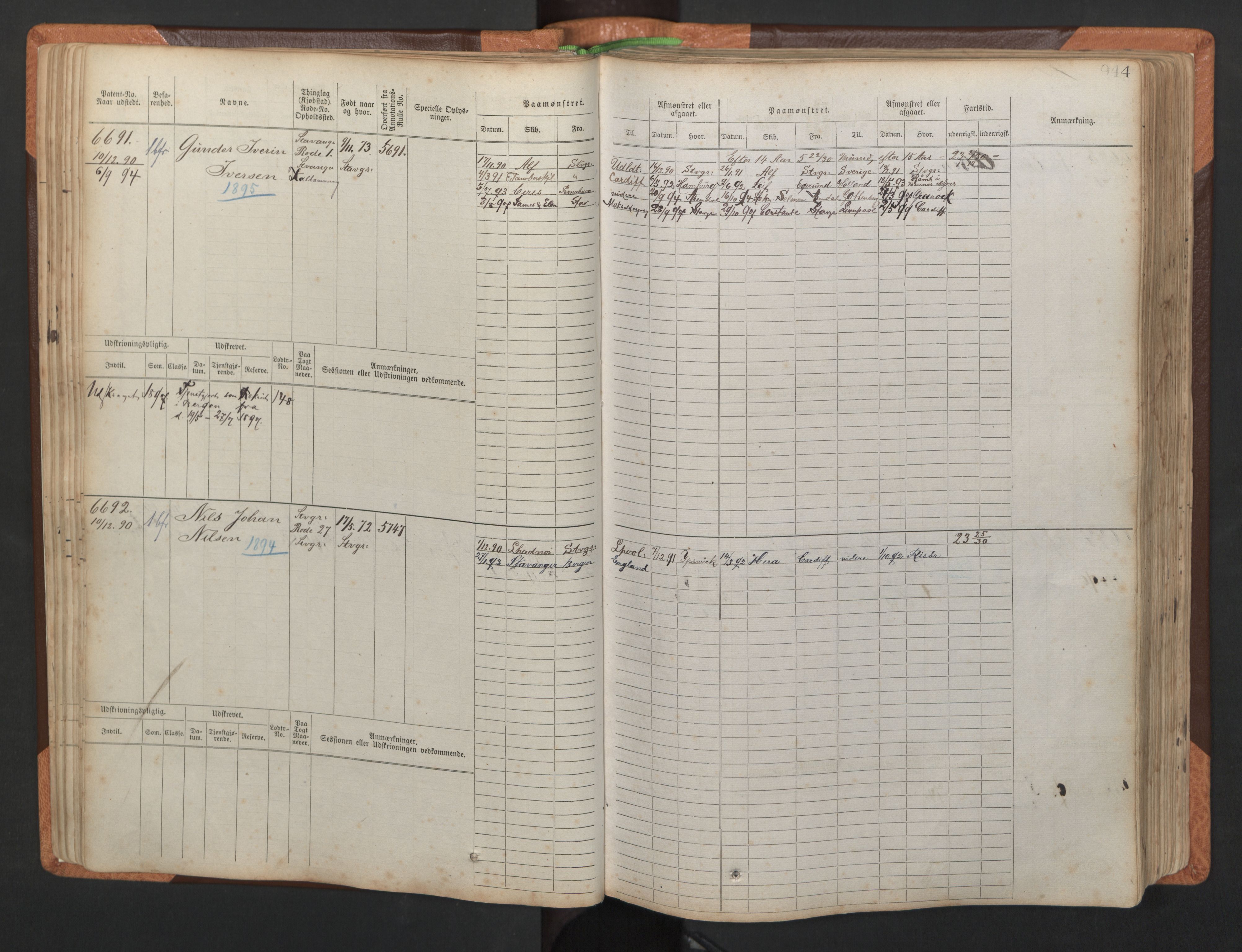 Stavanger sjømannskontor, AV/SAST-A-102006/F/Fb/Fbb/L0011: Sjøfartshovedrulle, patentnr. 6607-7206 (del 2), 1887-1896, p. 47