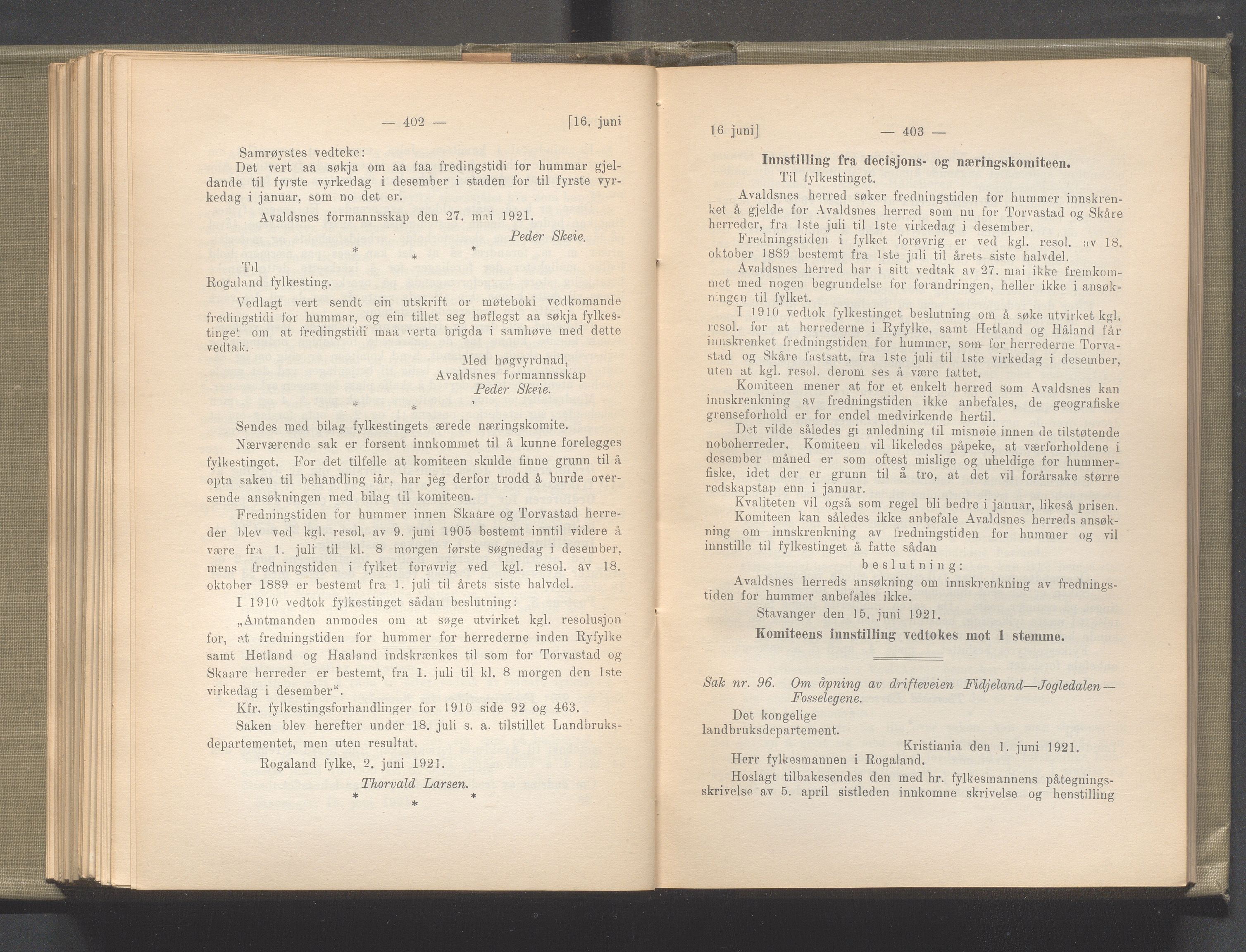 Rogaland fylkeskommune - Fylkesrådmannen , IKAR/A-900/A/Aa/Aaa/L0040: Møtebok , 1921, p. 402-403