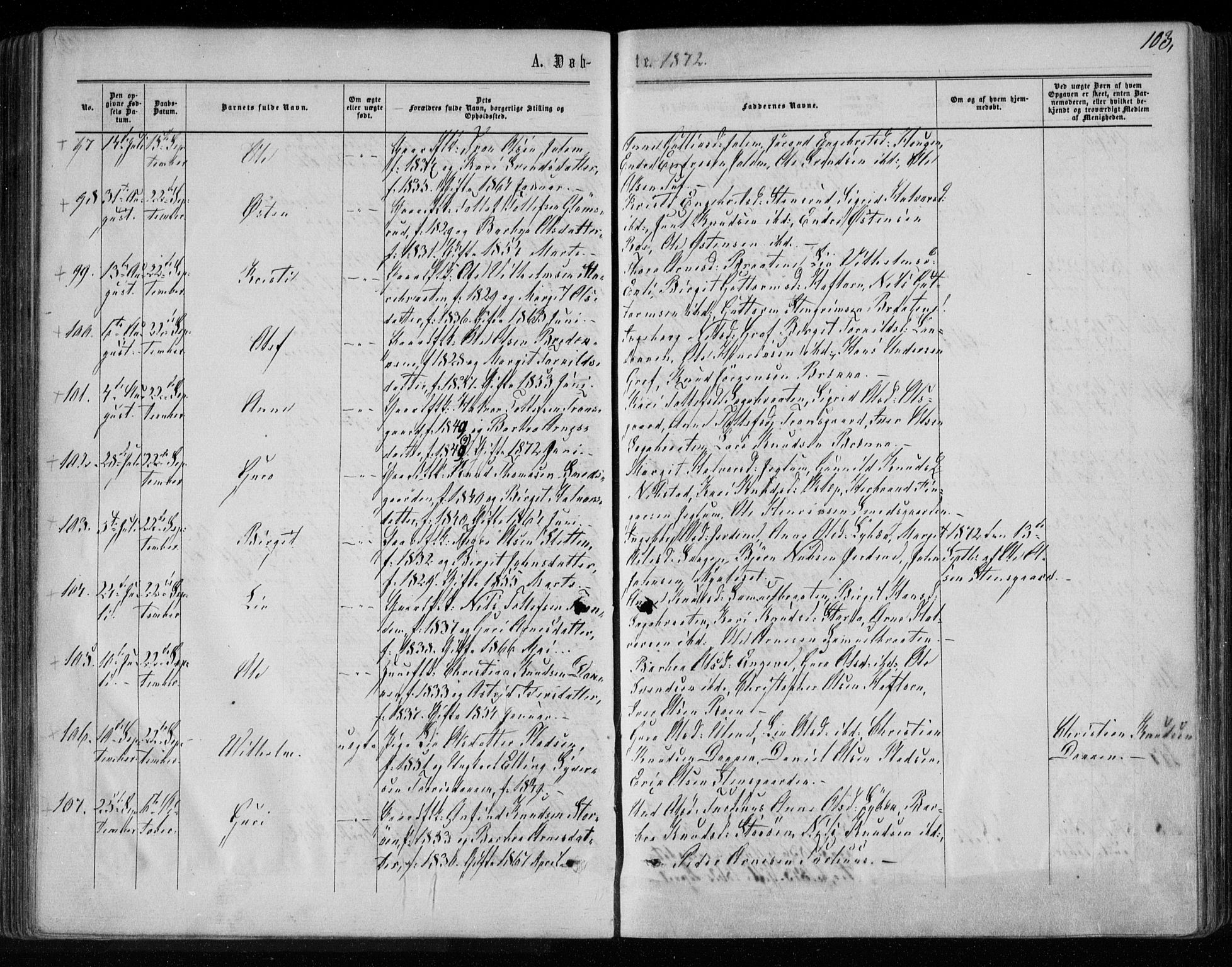 Gol kirkebøker, AV/SAKO-A-226/F/Fa/L0003: Parish register (official) no. I 3, 1863-1875, p. 103