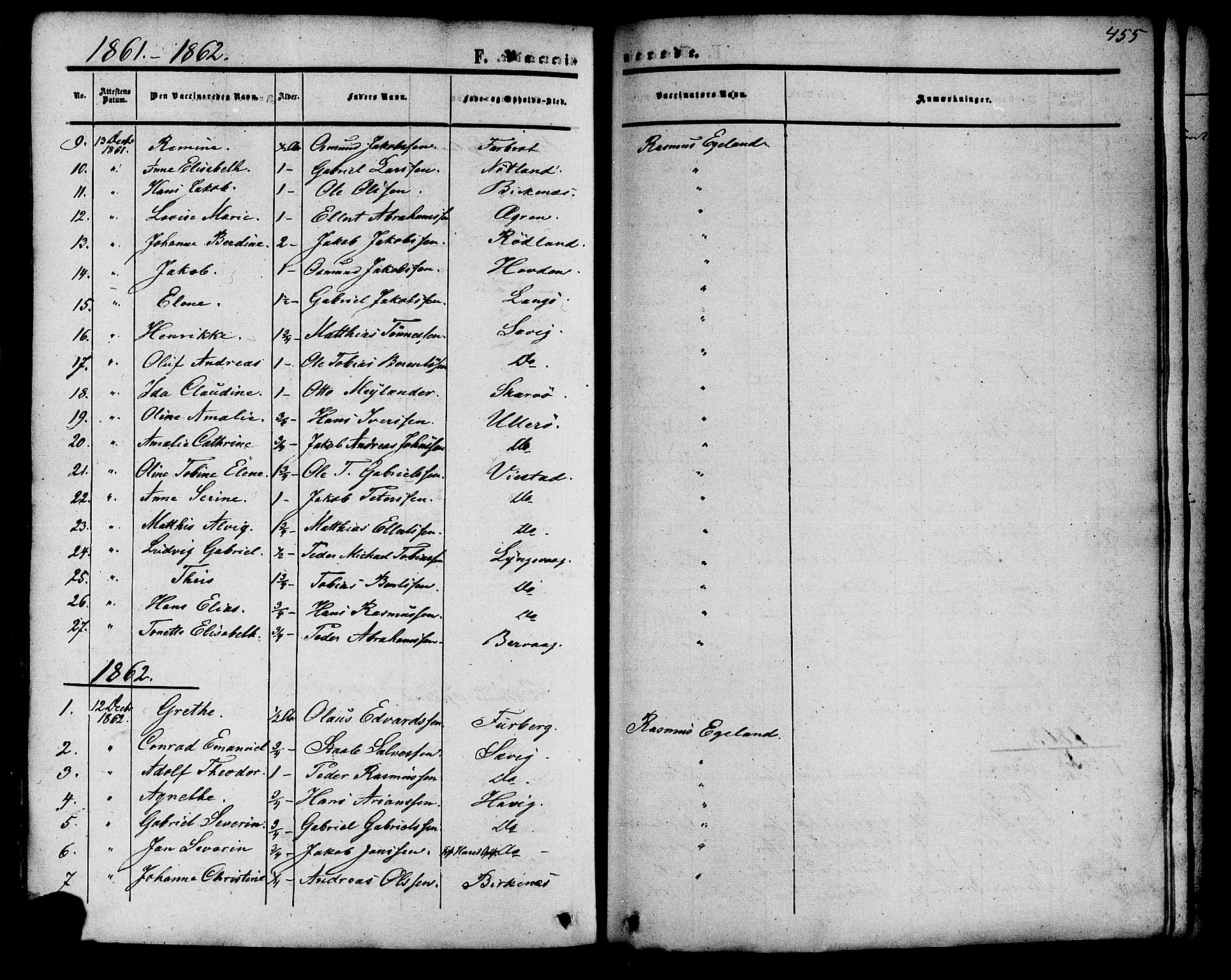 Herad sokneprestkontor, SAK/1111-0018/F/Fa/Fab/L0004: Parish register (official) no. A 4, 1853-1885, p. 455