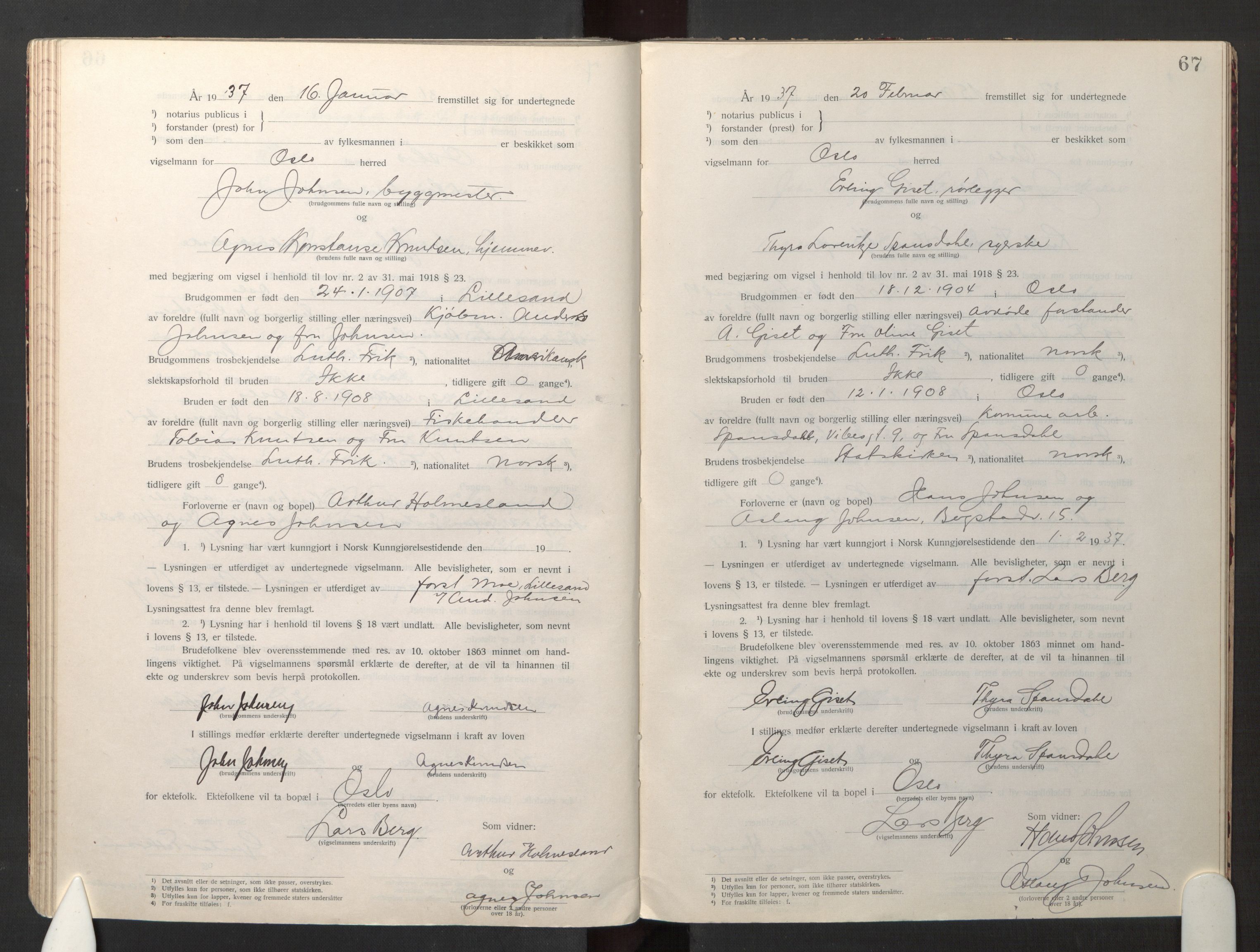 Den evangelisk-lutherske frikirke østre menighet, Oslo, SAO/PAO-0245/F/L0005: Marriage register (dissenter) no. 5, 1920-1941, p. 67