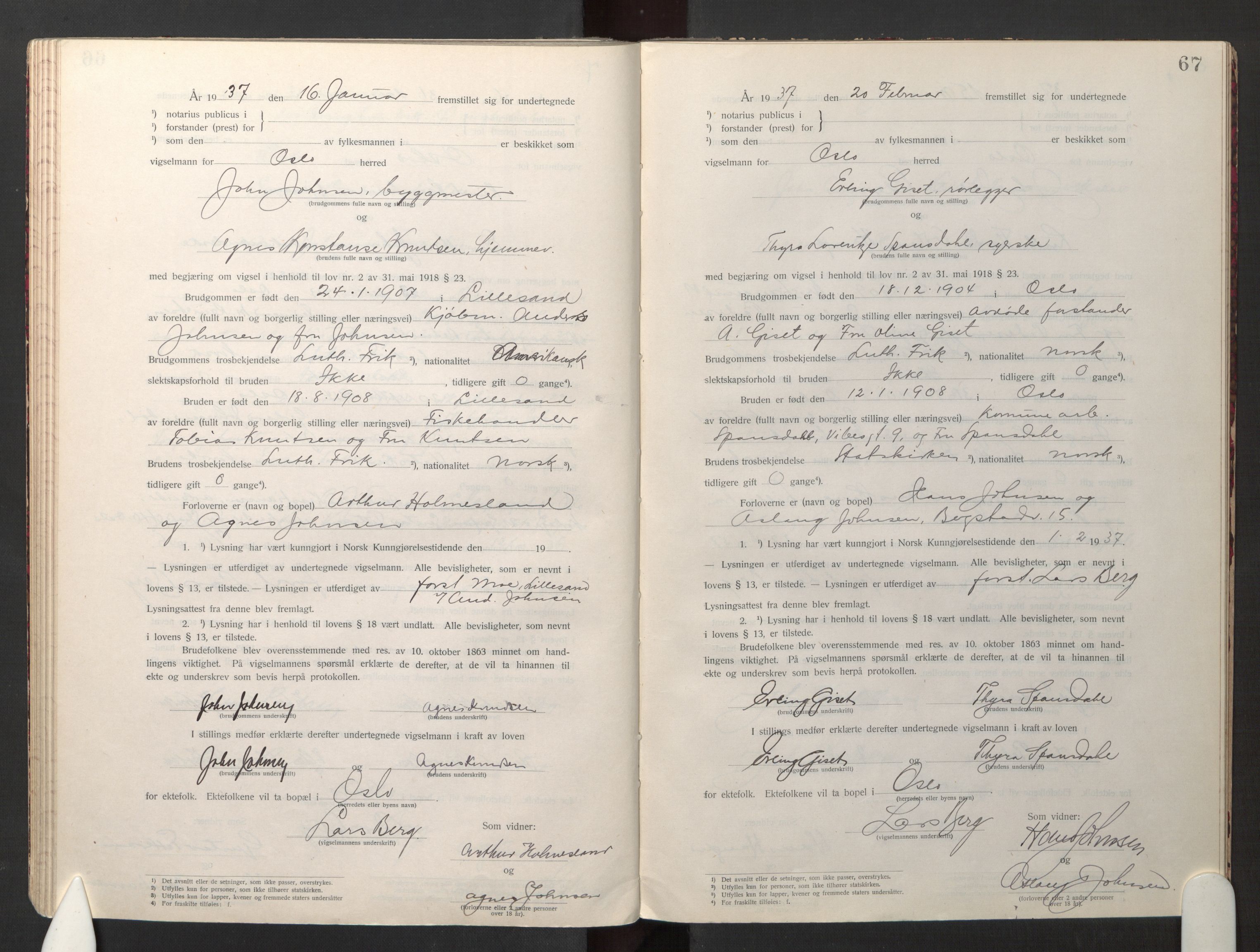 Den evangelisk-lutherske frikirke østre menighet, Oslo, AV/SAO-PAO-0245/F/L0005: Marriage register (dissenter) no. 5, 1920-1941, p. 67