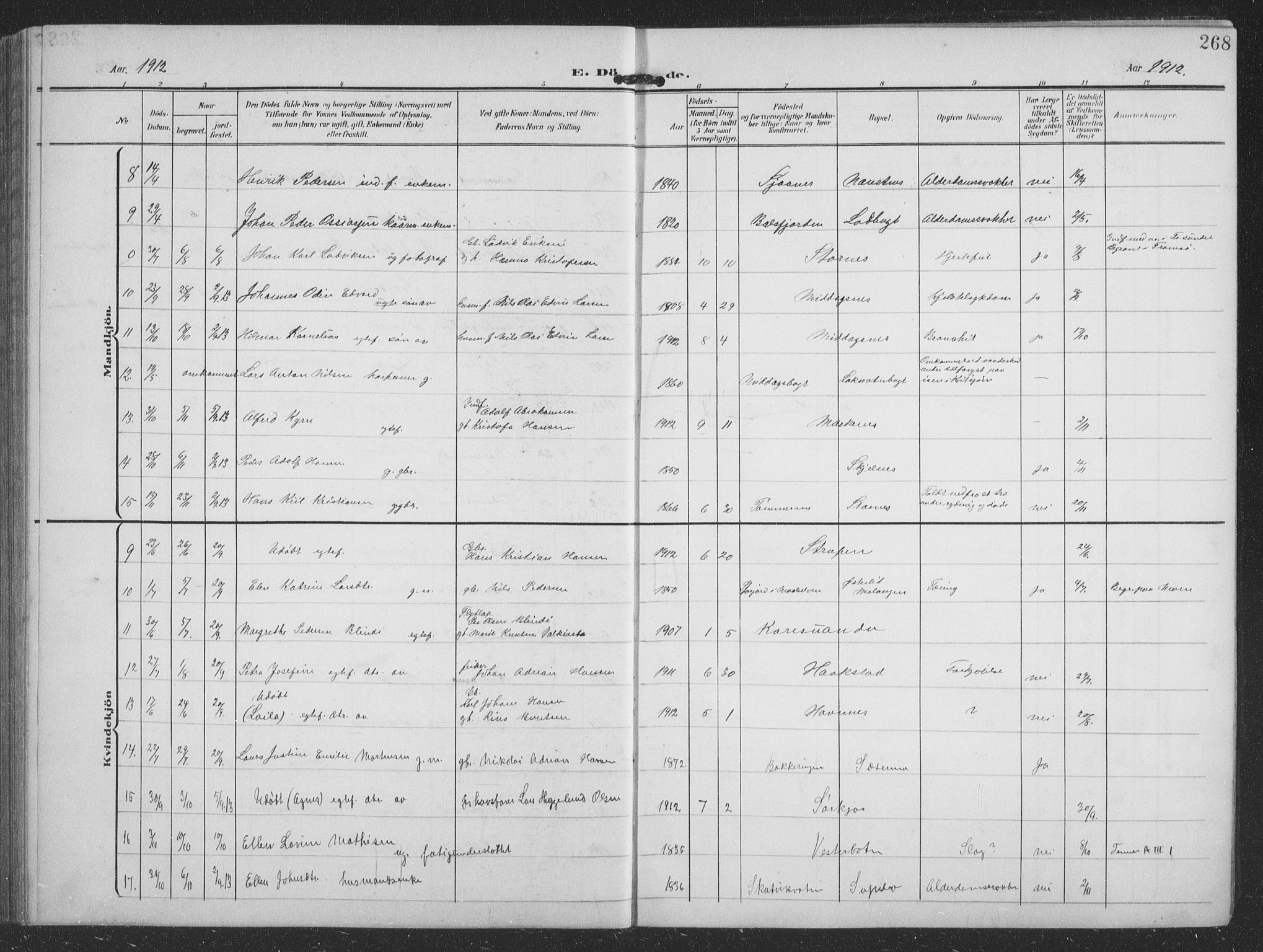 Balsfjord sokneprestembete, SATØ/S-1303/G/Ga/L0009klokker: Parish register (copy) no. 9, 1906-1920, p. 268