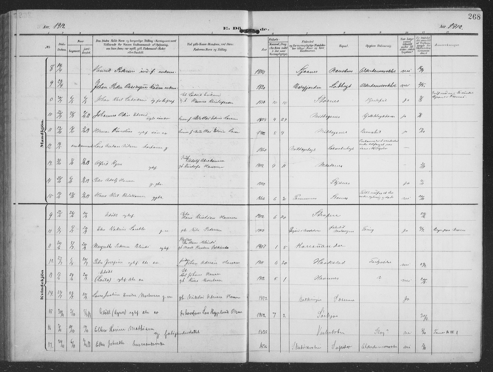 Balsfjord sokneprestembete, AV/SATØ-S-1303/G/Ga/L0009klokker: Parish register (copy) no. 9, 1906-1920, p. 268