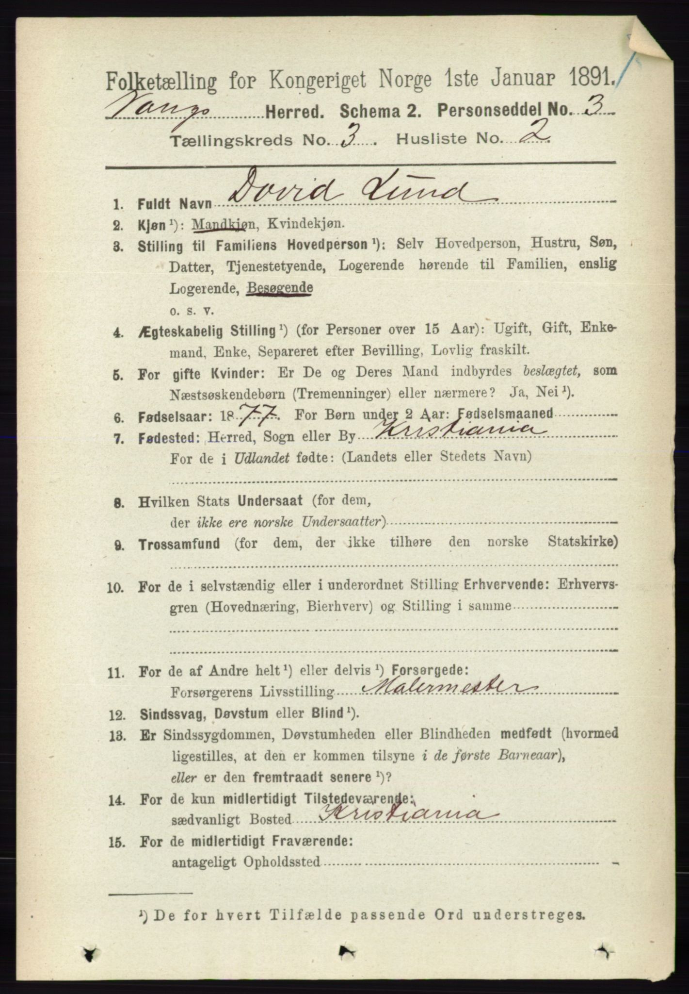 RA, 1891 census for 0414 Vang, 1891, p. 1898