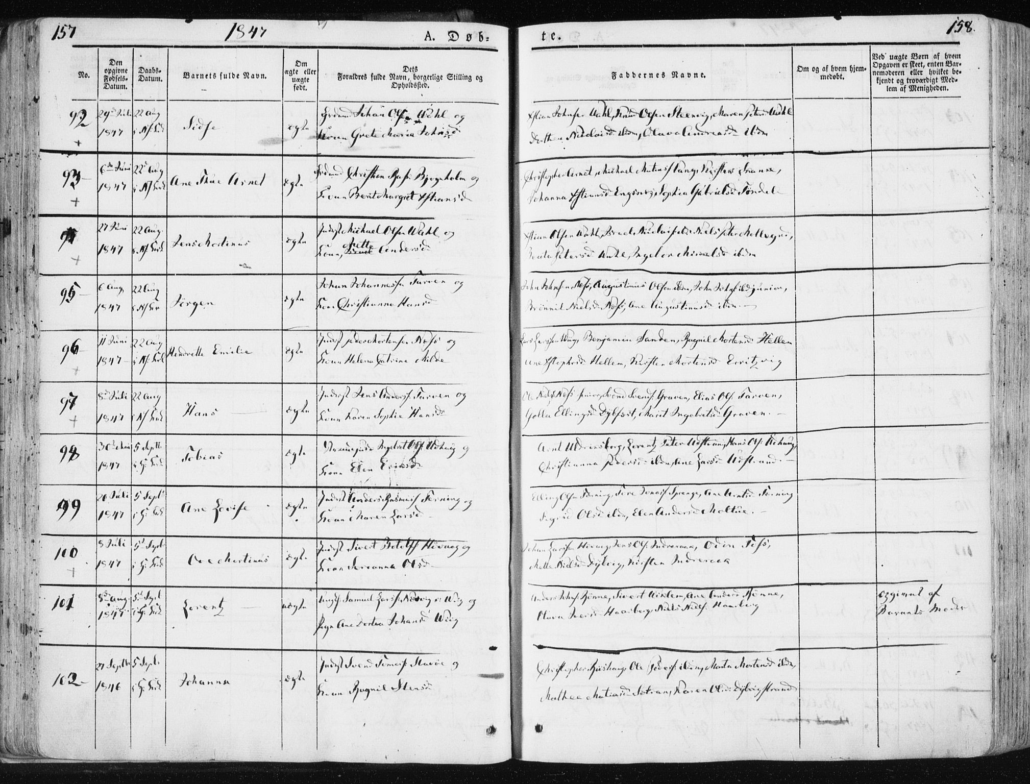 Ministerialprotokoller, klokkerbøker og fødselsregistre - Sør-Trøndelag, SAT/A-1456/659/L0736: Parish register (official) no. 659A06, 1842-1856, p. 157-158