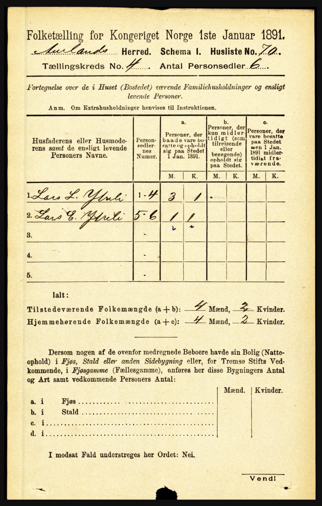 RA, 1891 census for 1421 Aurland, 1891, p. 1354
