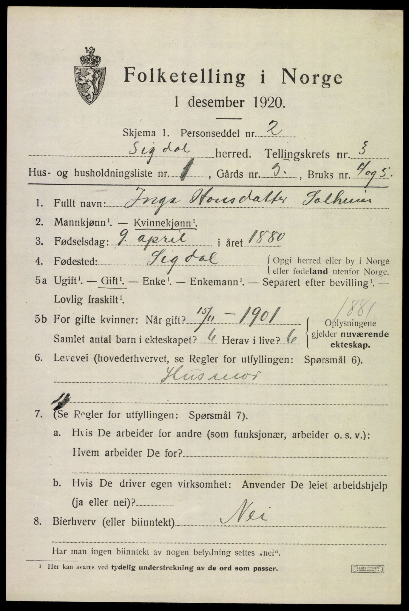 SAKO, 1920 census for Sigdal, 1920, p. 2772