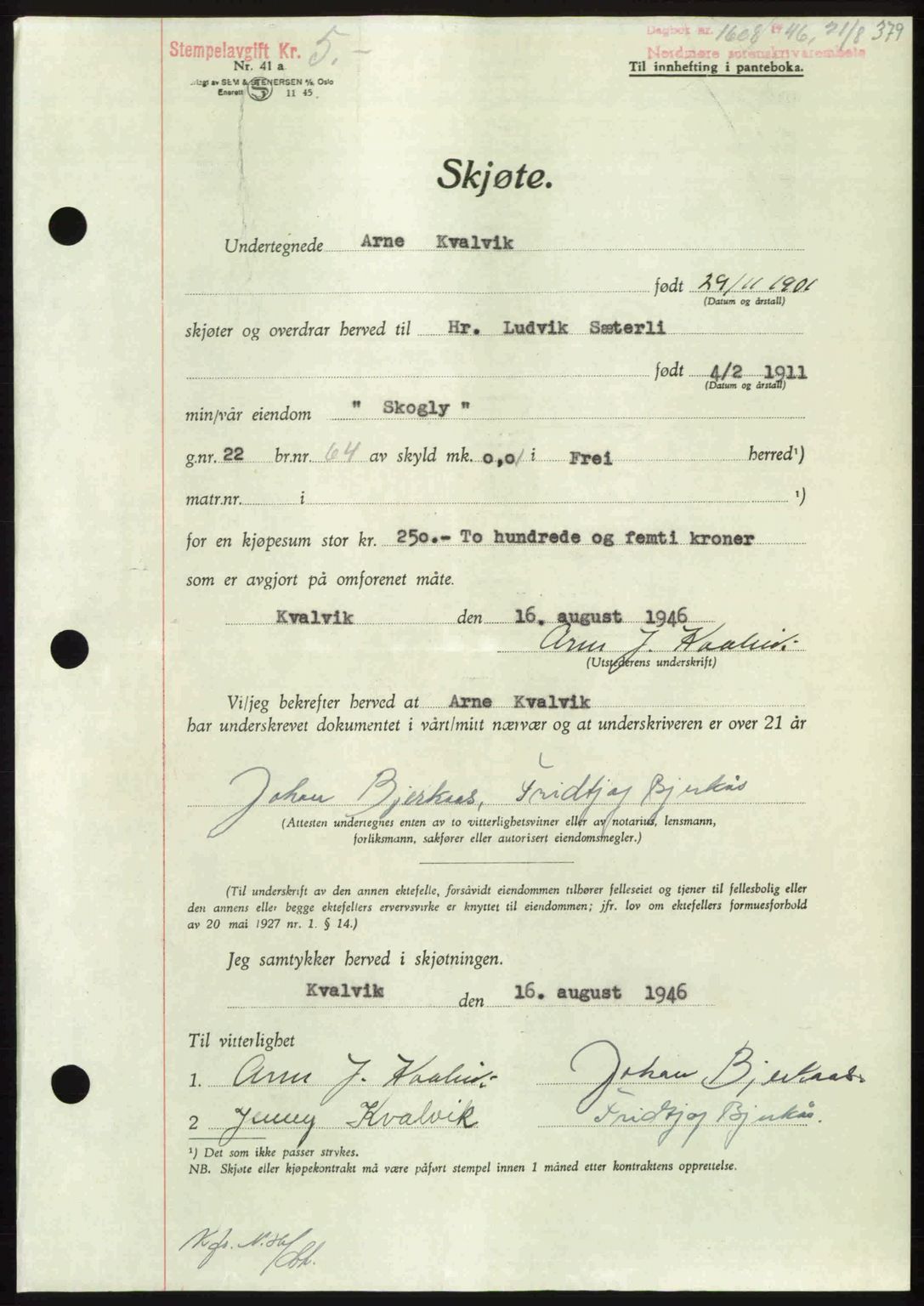 Nordmøre sorenskriveri, AV/SAT-A-4132/1/2/2Ca: Mortgage book no. A102, 1946-1946, Diary no: : 1608/1946